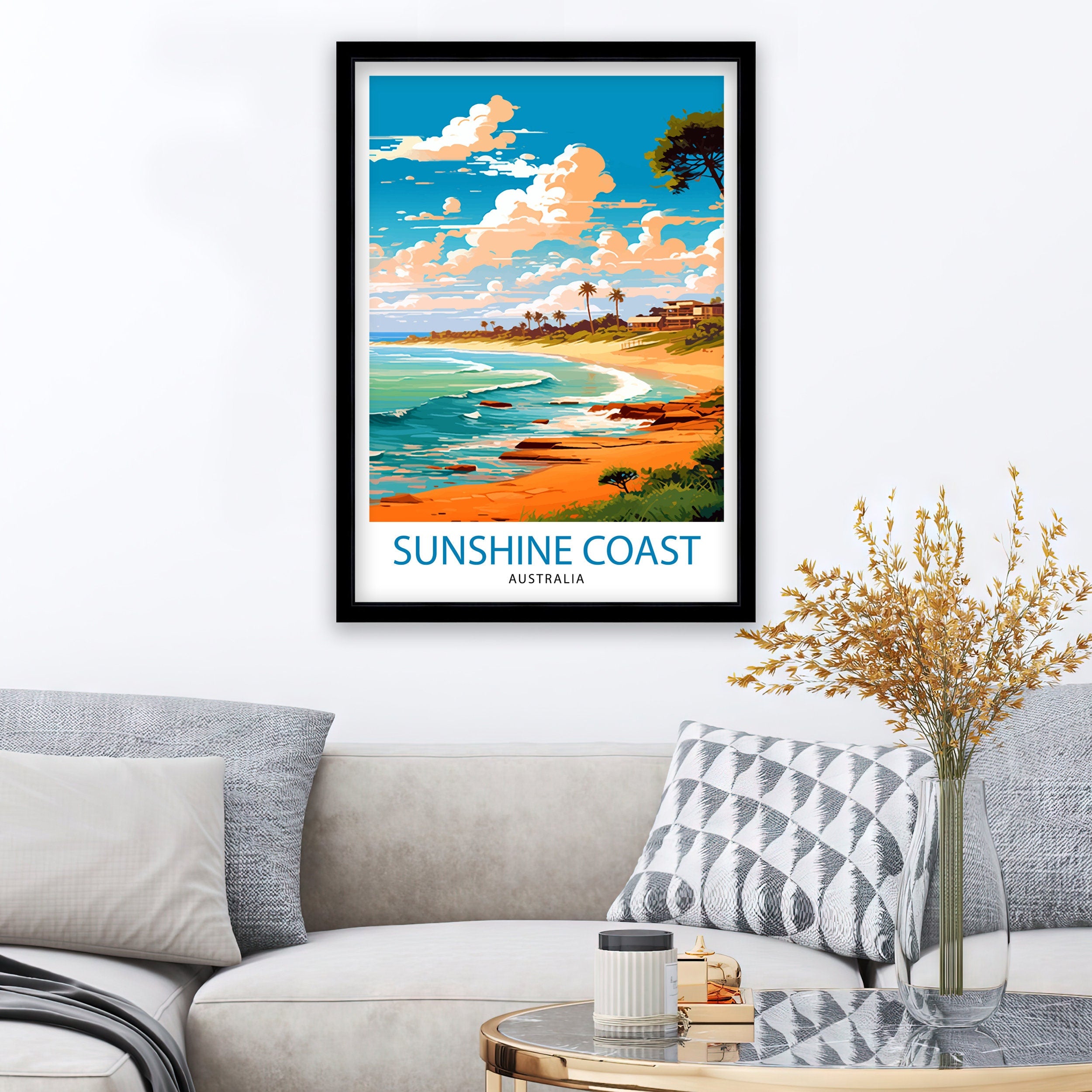 Sunshine Coast Australia Travel Print Coastal Wall Decor Sunshine Coast Poster Australian Travel Prints Beach Art Print Coastal Illustration