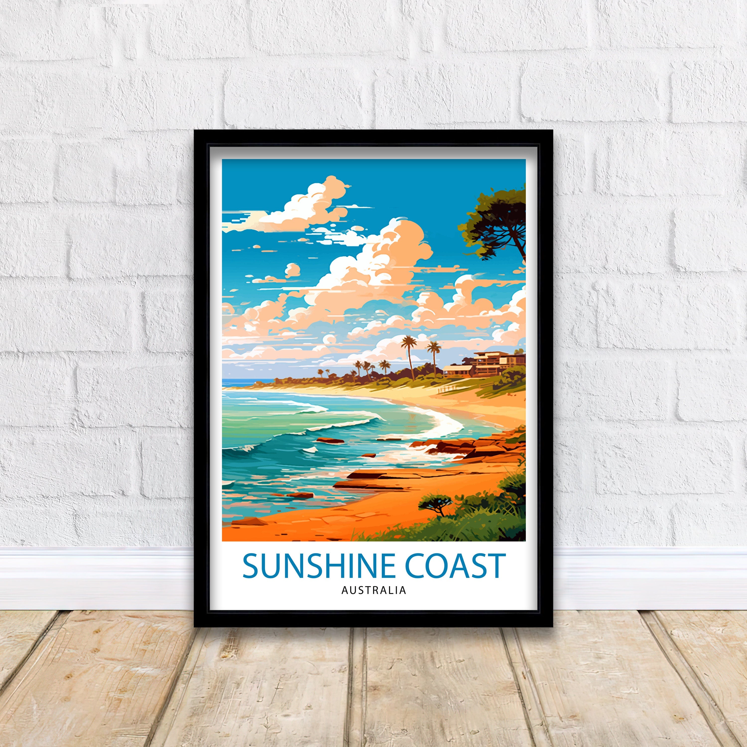 Sunshine Coast Australia Travel Print Coastal Wall Decor Sunshine Coast Poster Australian Travel Prints Beach Art Print Coastal Illustration