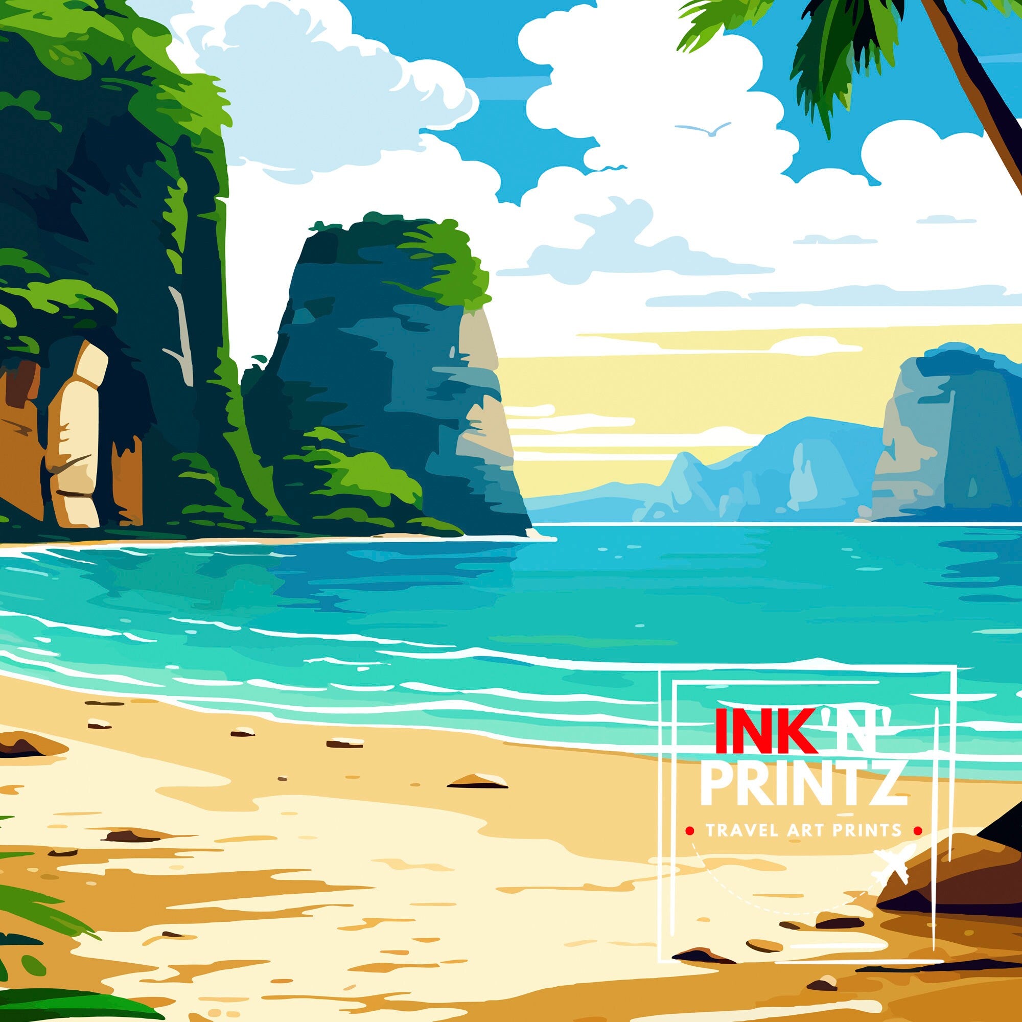 Phi Phi Islands Thailand Travel Print Tropical Wall Decor Phi Phi Islands Poster Beach Travel Prints Thailand Art Print Island Illustration