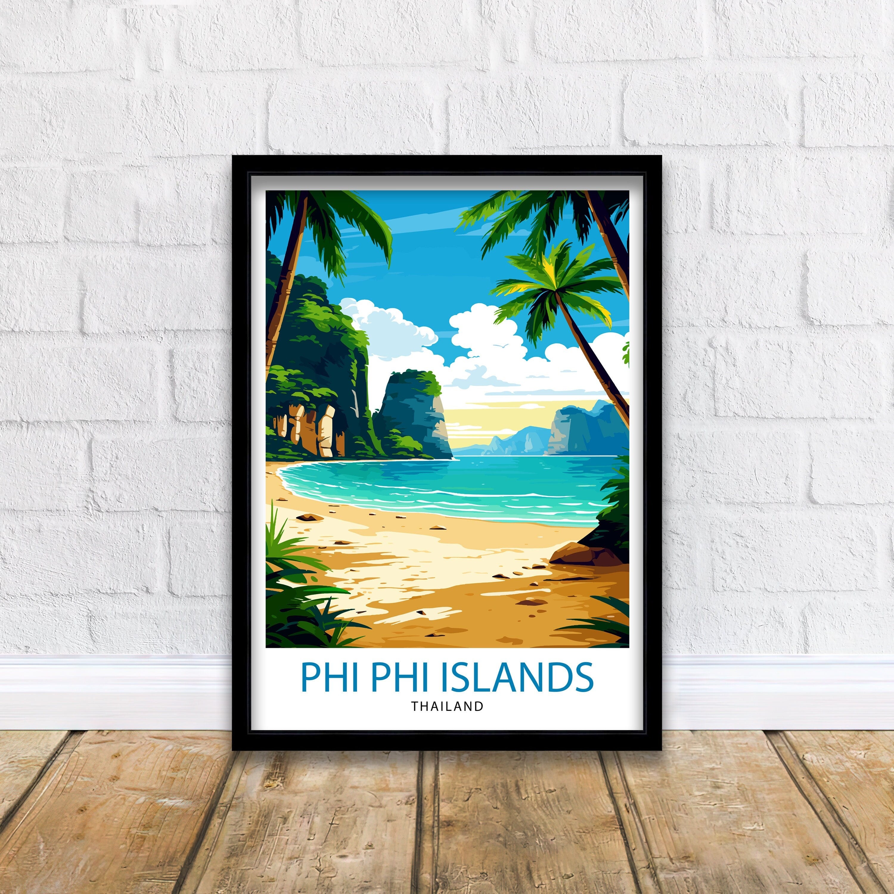 Phi Phi Islands Thailand Travel Print Tropical Wall Decor Phi Phi Islands Poster Beach Travel Prints Thailand Art Print Island Illustration