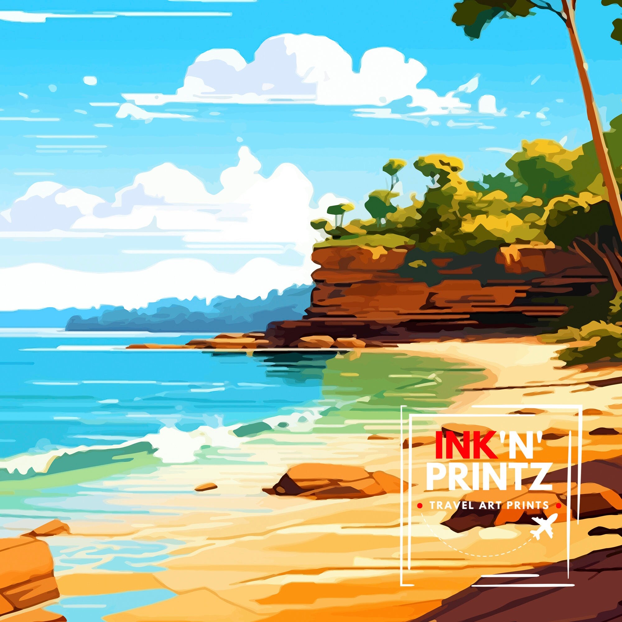 Shelly Beach Australia Travel Print Coastal Wall Decor Shelly Beach Poster Australian Beach Prints Beach Art Print Shelly Beach Illustration