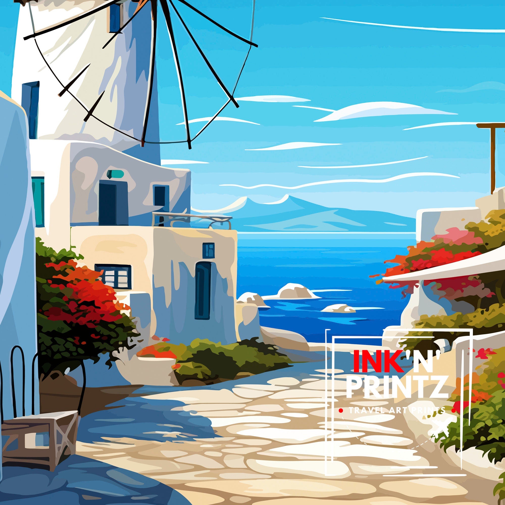 Mykonos Greece Travel Print Mykonos Wall Decor Mykonos Island Poster Greece Travel Prints Mykonos Art Print Mykonos Illustration