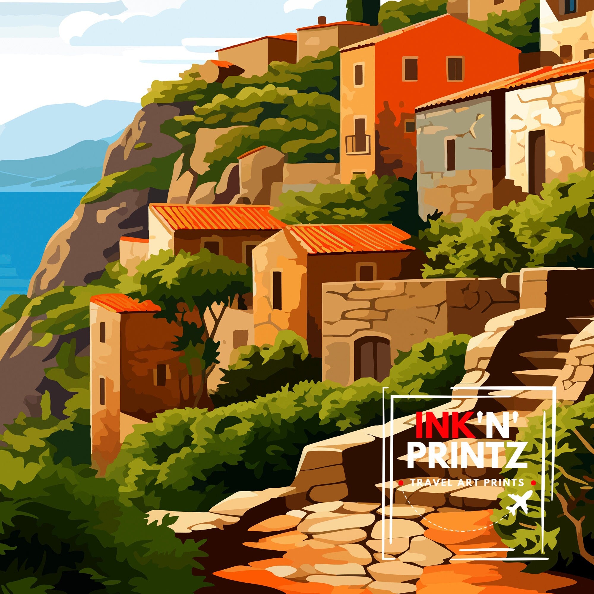 Monemvasia Greece Travel Print Monemvasia Wall Decor Monemvasia Poster Greek Travel Prints Monemvasia Art Print Monemvasia Illustration