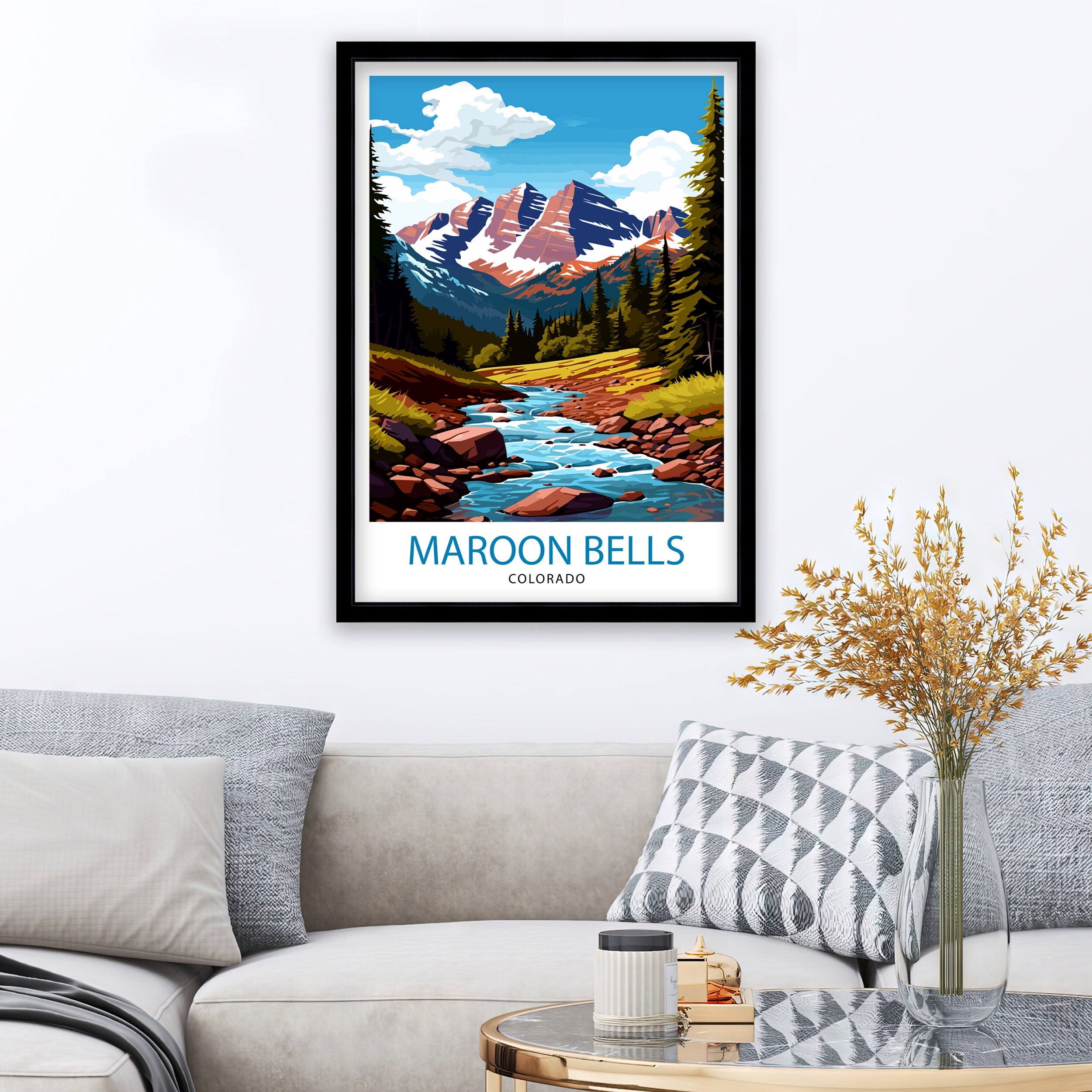 Maroon Bells Colorado Print, Mountain Landscape Illustration