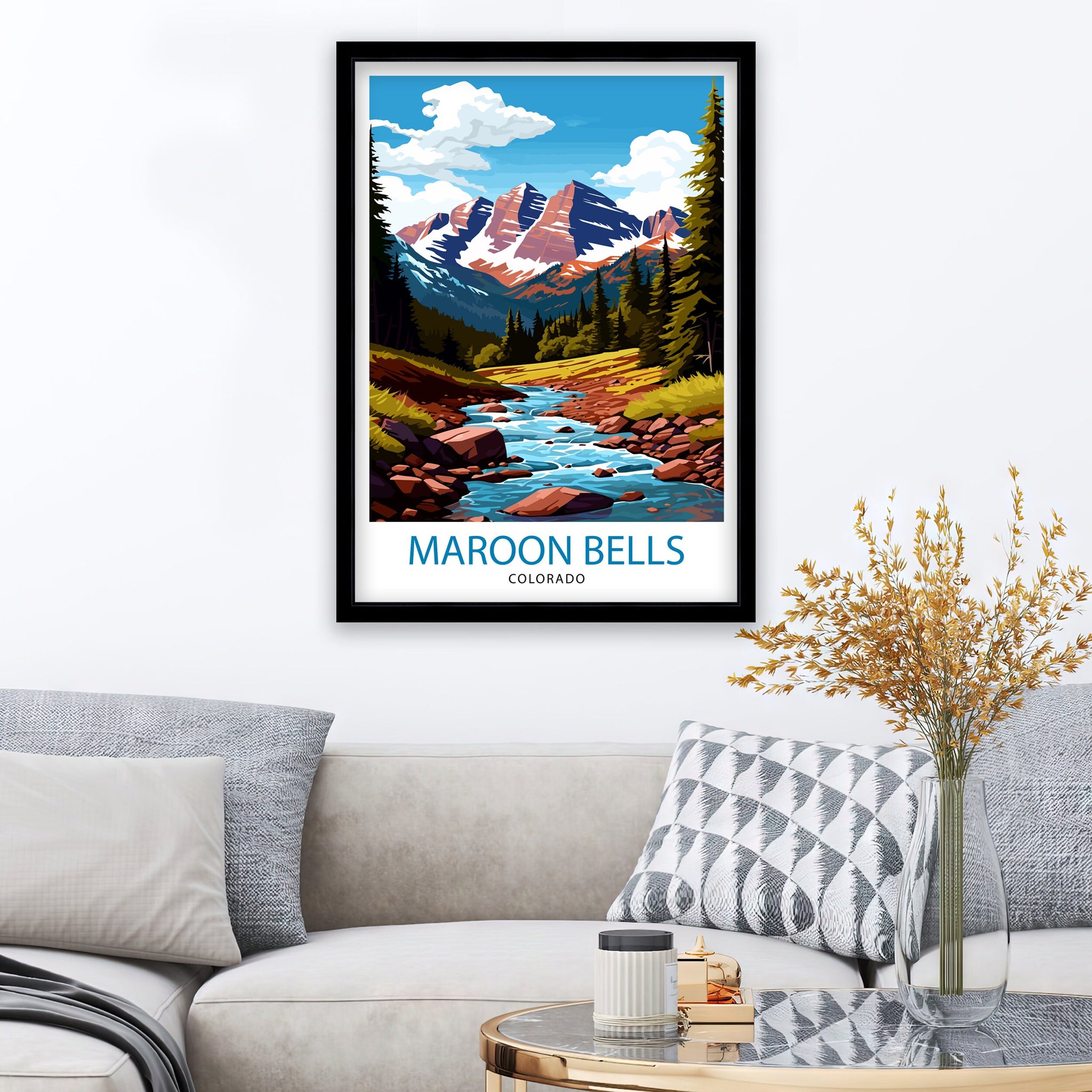 Maroon Bells Colorado Print, Mountain Landscape Illustration