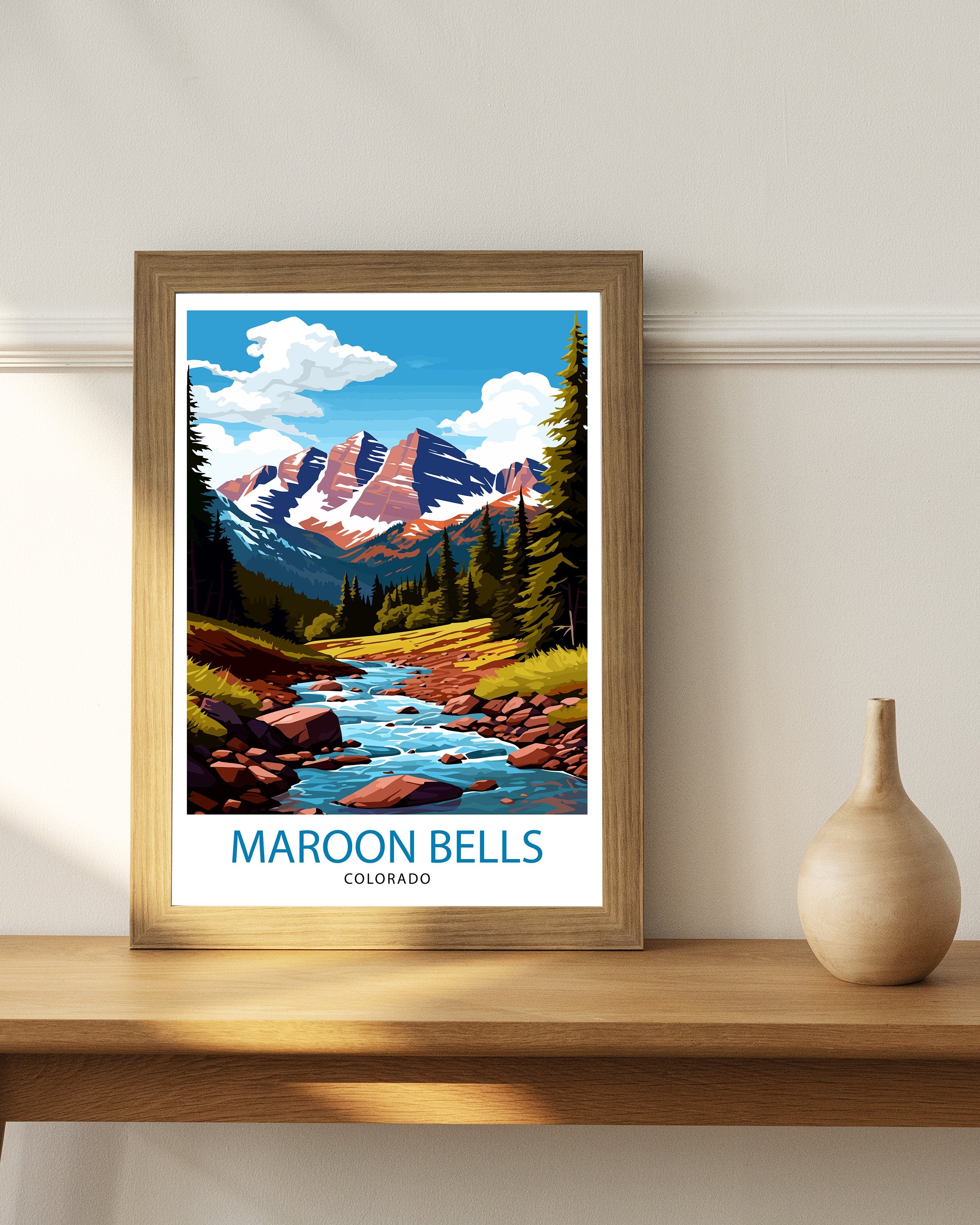 Maroon Bells Colorado Print, Mountain Landscape Illustration