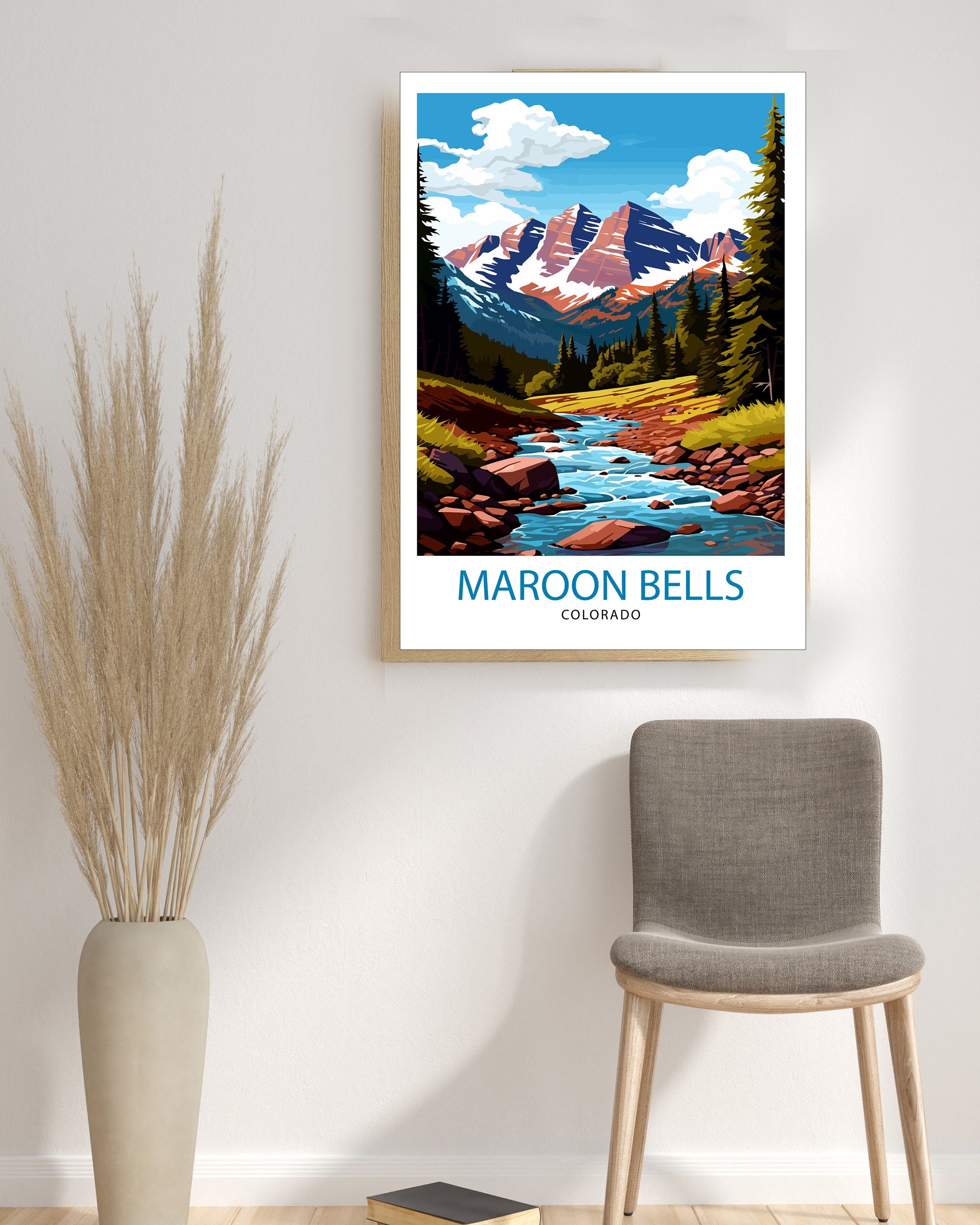 Maroon Bells Colorado Print, Mountain Landscape Illustration