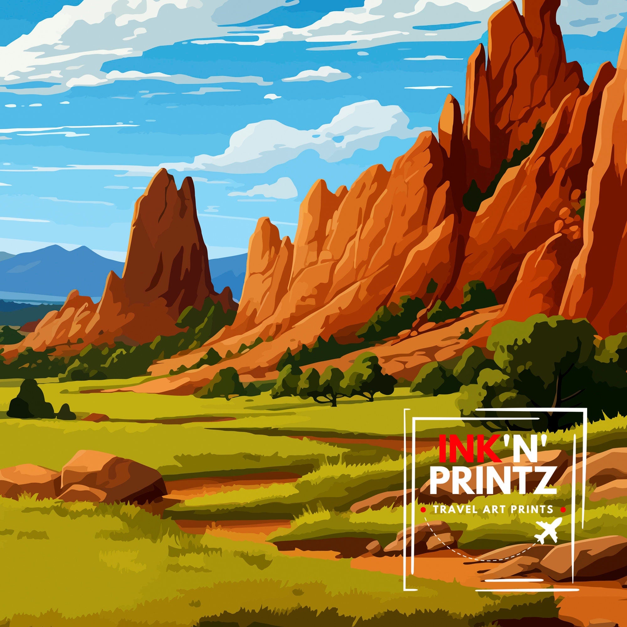 Garden of the Gods Colorado Travel Print| Colorado Wall Decor Garden of the Gods Poster Rocky Mountain Travel Prints Colorado Art Print