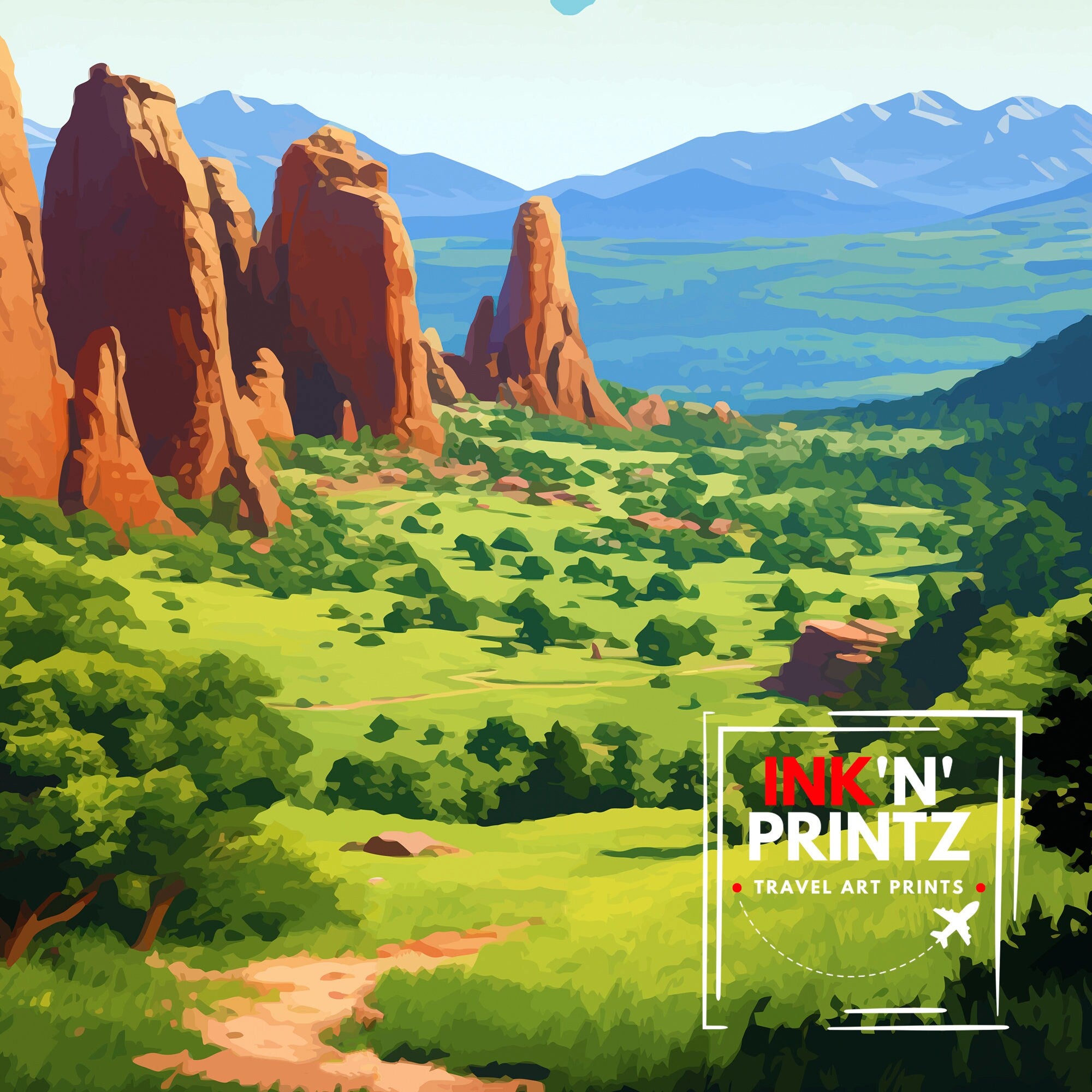 Garden of the Gods Colorado Travel Print| Colorado Wall Decor Garden of the Gods Poster Rocky Mountain Travel Prints Colorado Art Print