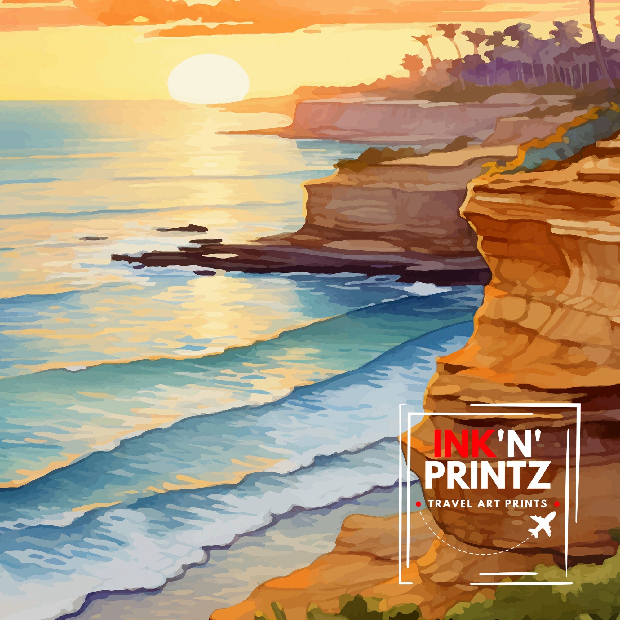 Sunset Cliffs San Diego Travel Print| Sunset Cliffs Wall Decor San Diego Poster California Travel Prints Sunset Cliffs Art Print Sunset