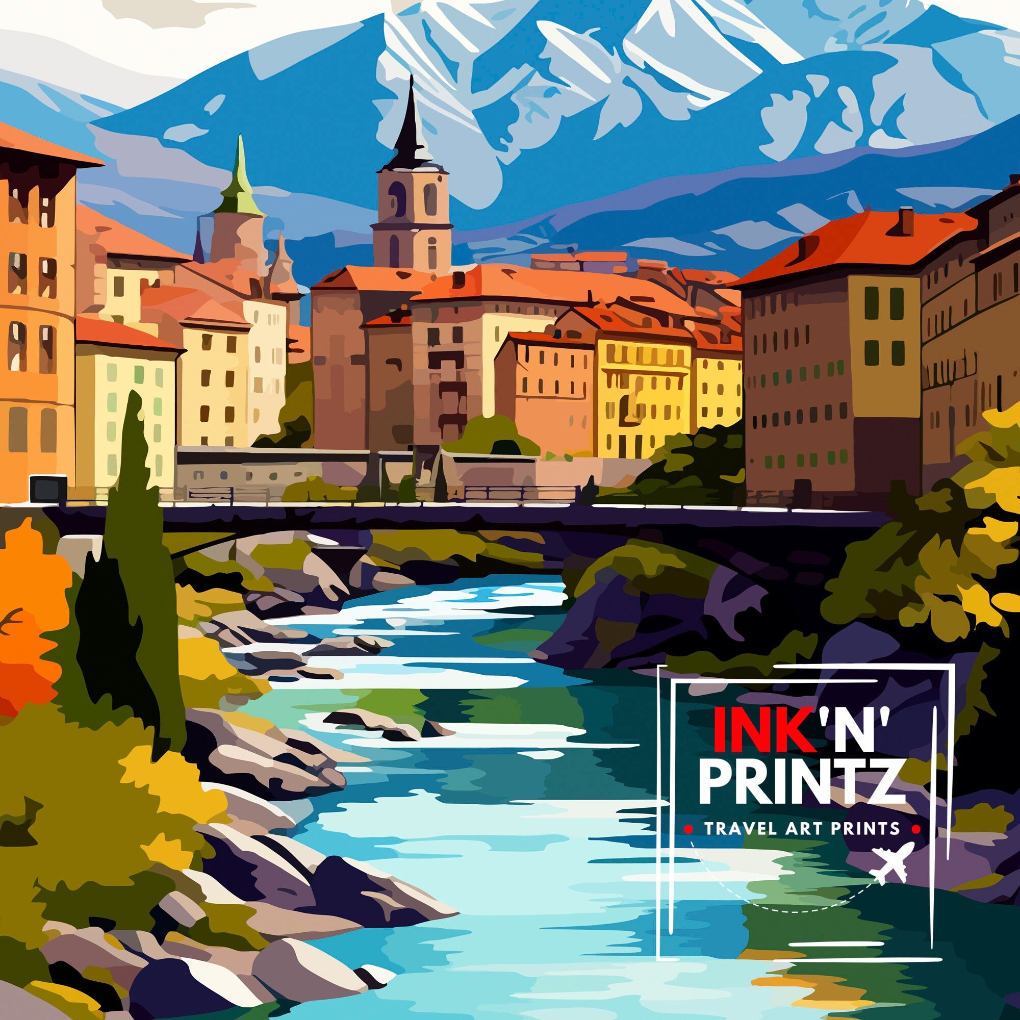 Grenoble France Travel Print France Wall Decor Grenoble Poster French Alps Travel Prints France Art Print Grenoble Illustration French