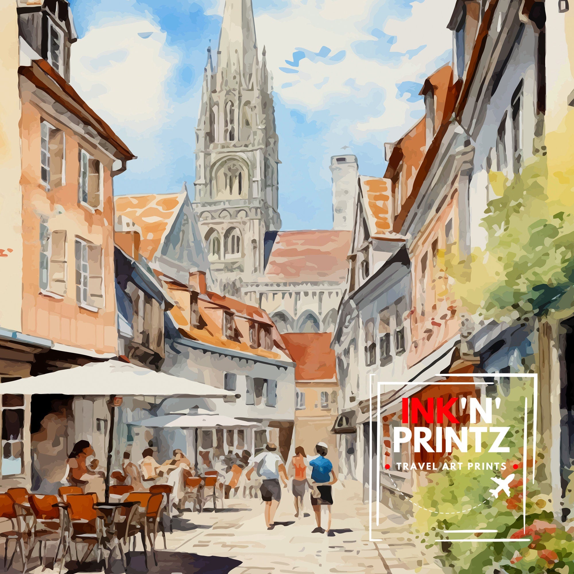 Chartres France Travel Print Chartres Wall Decor Chartres Poster France Travel Prints Chartres Art Print Chartres Illustration