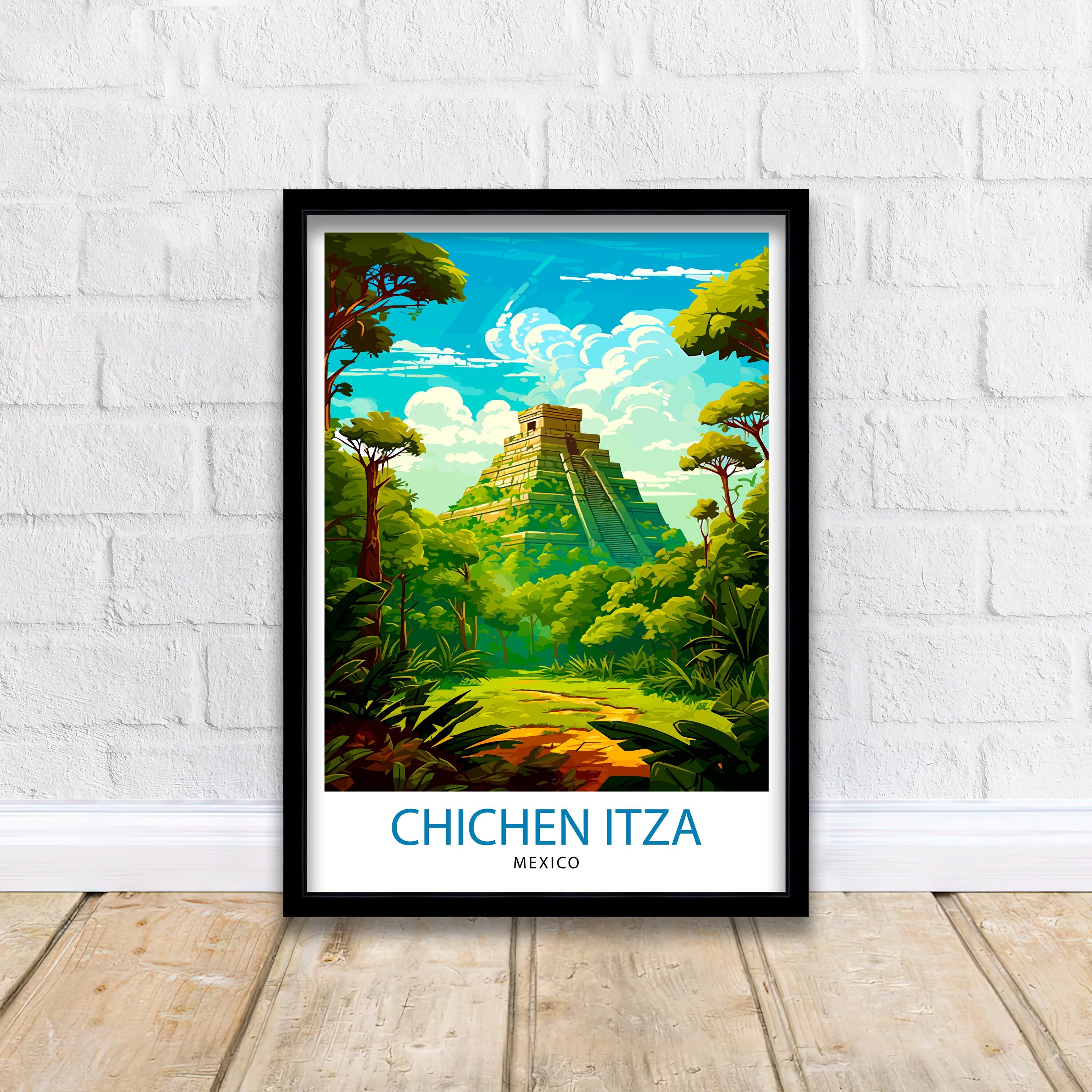Chichen Itza Print | Mexico Travel Poster, Mayan Ruins Wall Art