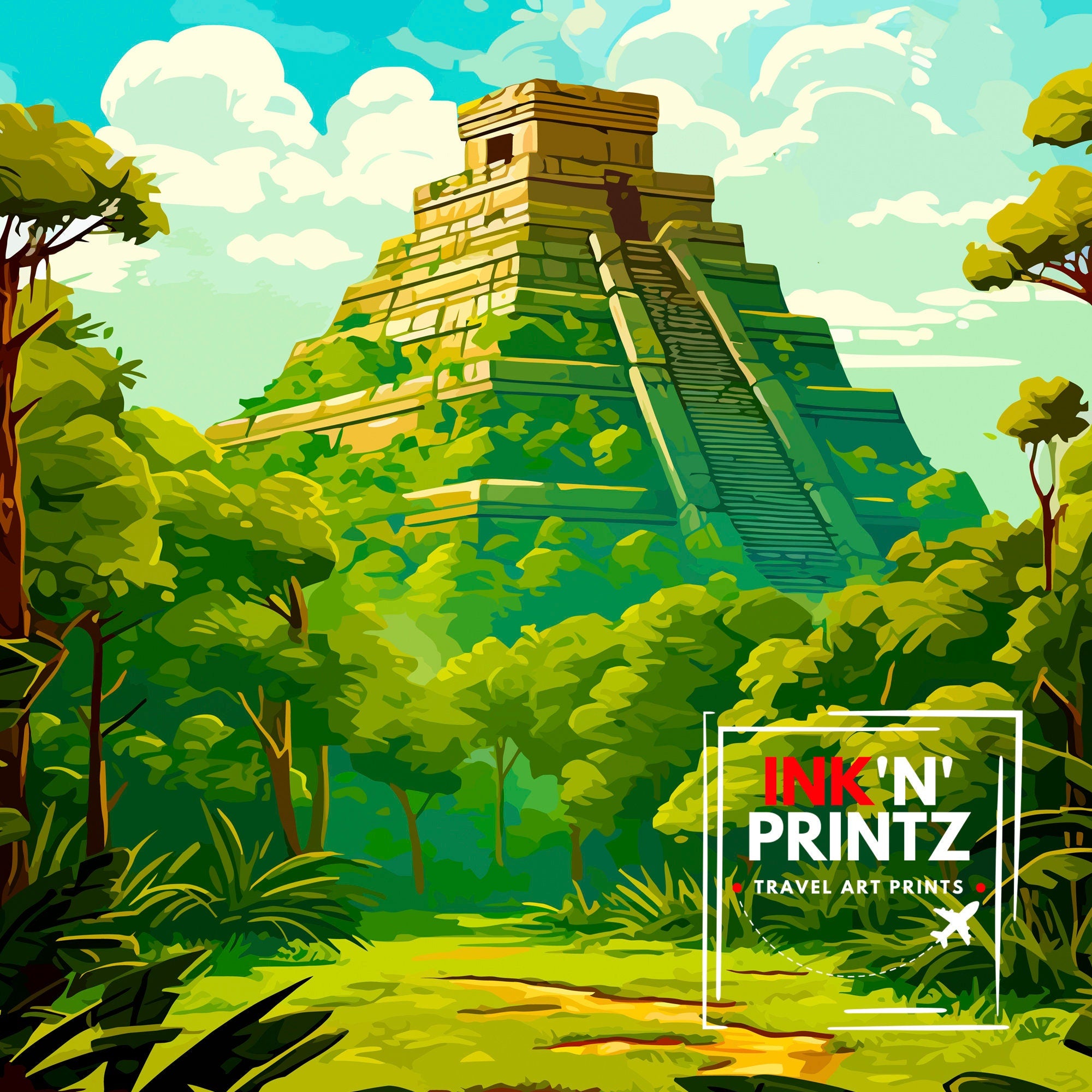 Chichen Itza Print | Mexico Travel Poster, Mayan Ruins Wall Art