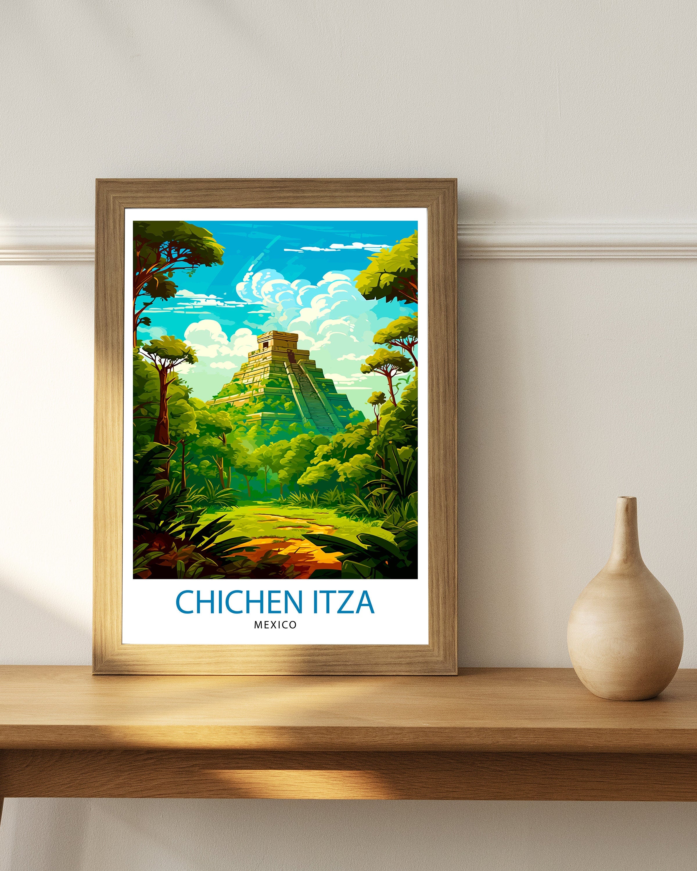 Chichen Itza Print | Mexico Travel Poster, Mayan Ruins Wall Art