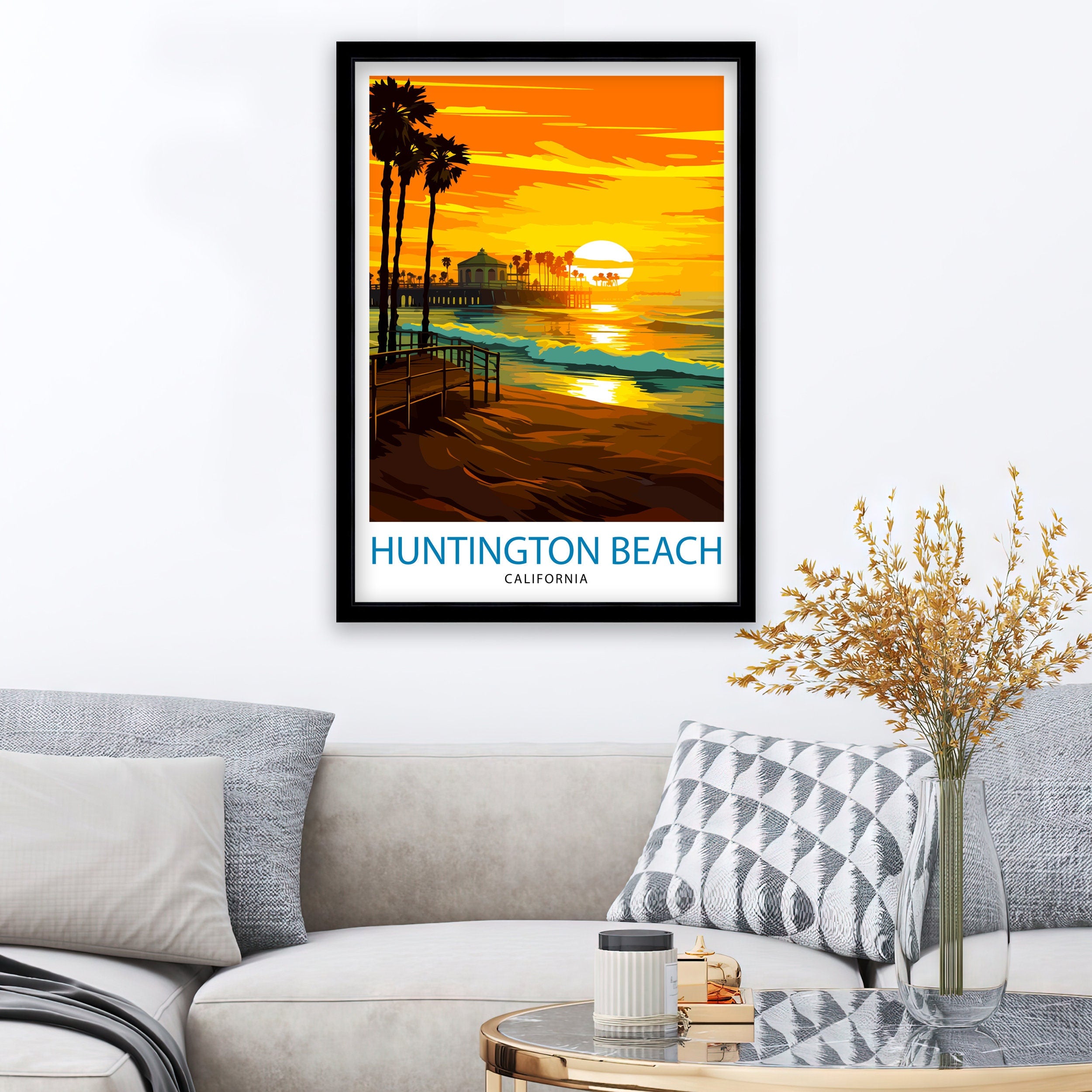 Huntington Beach California Travel Print| Surf City Wall Decor Coastal Living Room Decor Huntington Beach Illustration Travel Poster Gift