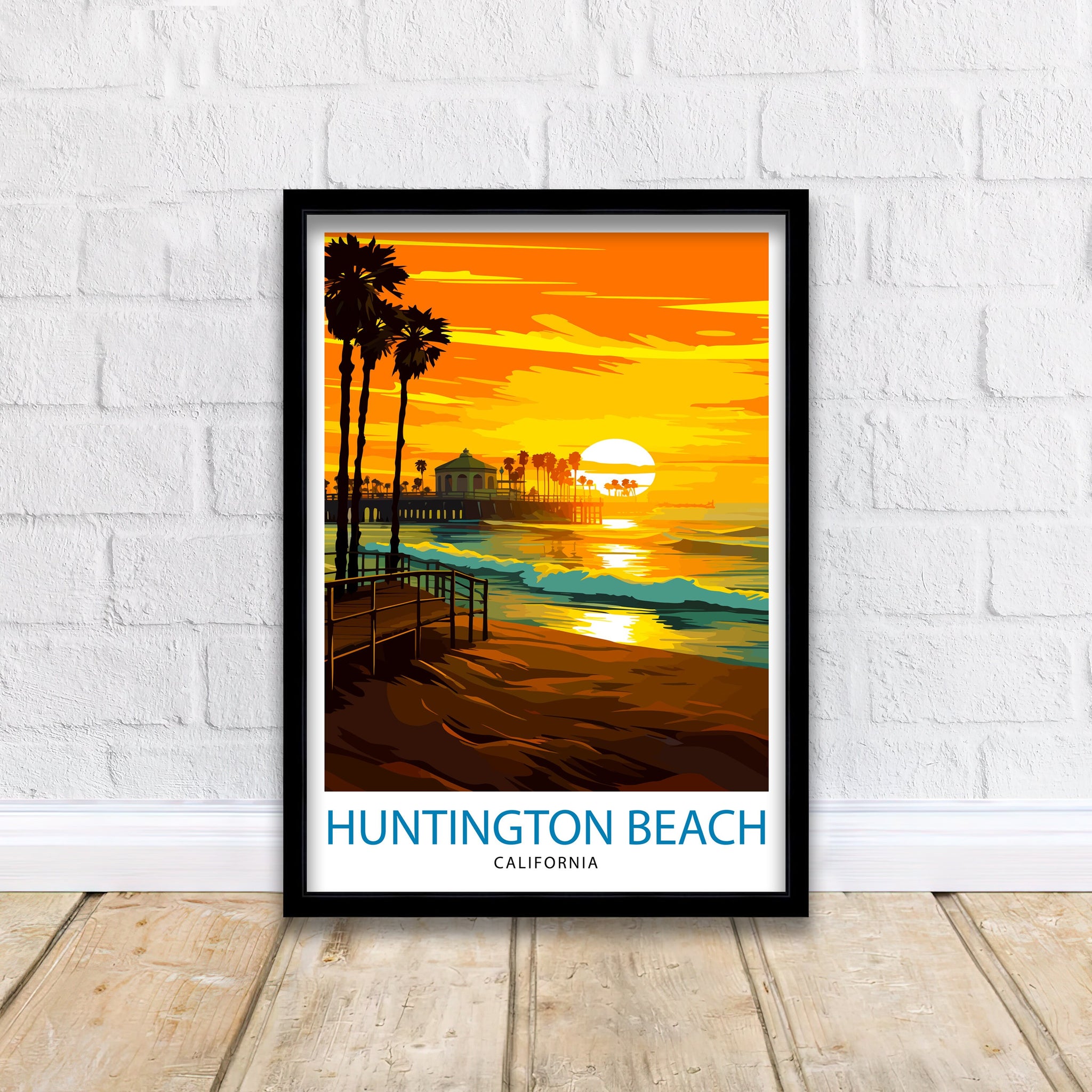 Huntington Beach California Travel Print| Surf City Wall Decor Coastal Living Room Decor Huntington Beach Illustration Travel Poster Gift