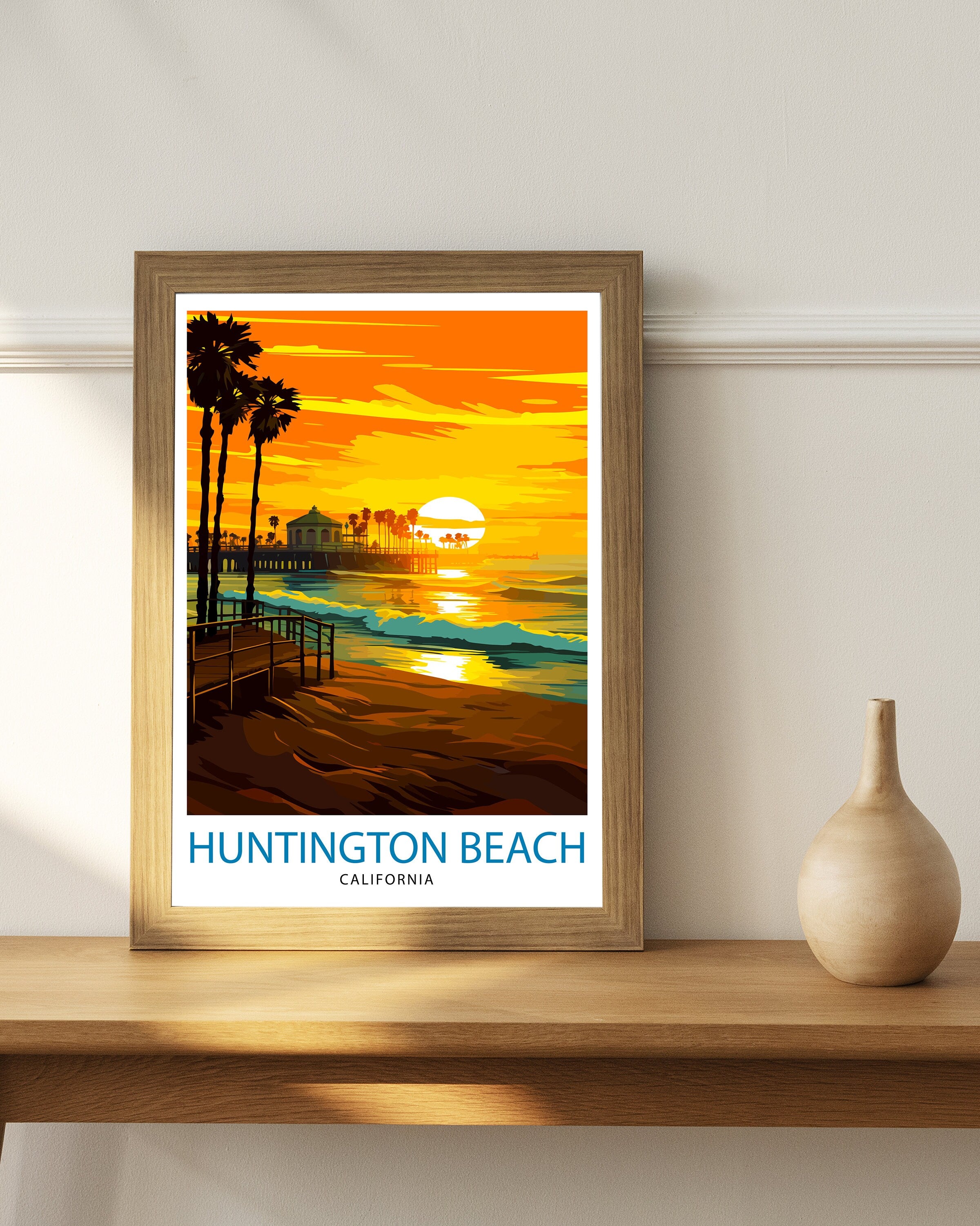 Huntington Beach California Travel Print| Surf City Wall Decor Coastal Living Room Decor Huntington Beach Illustration Travel Poster Gift