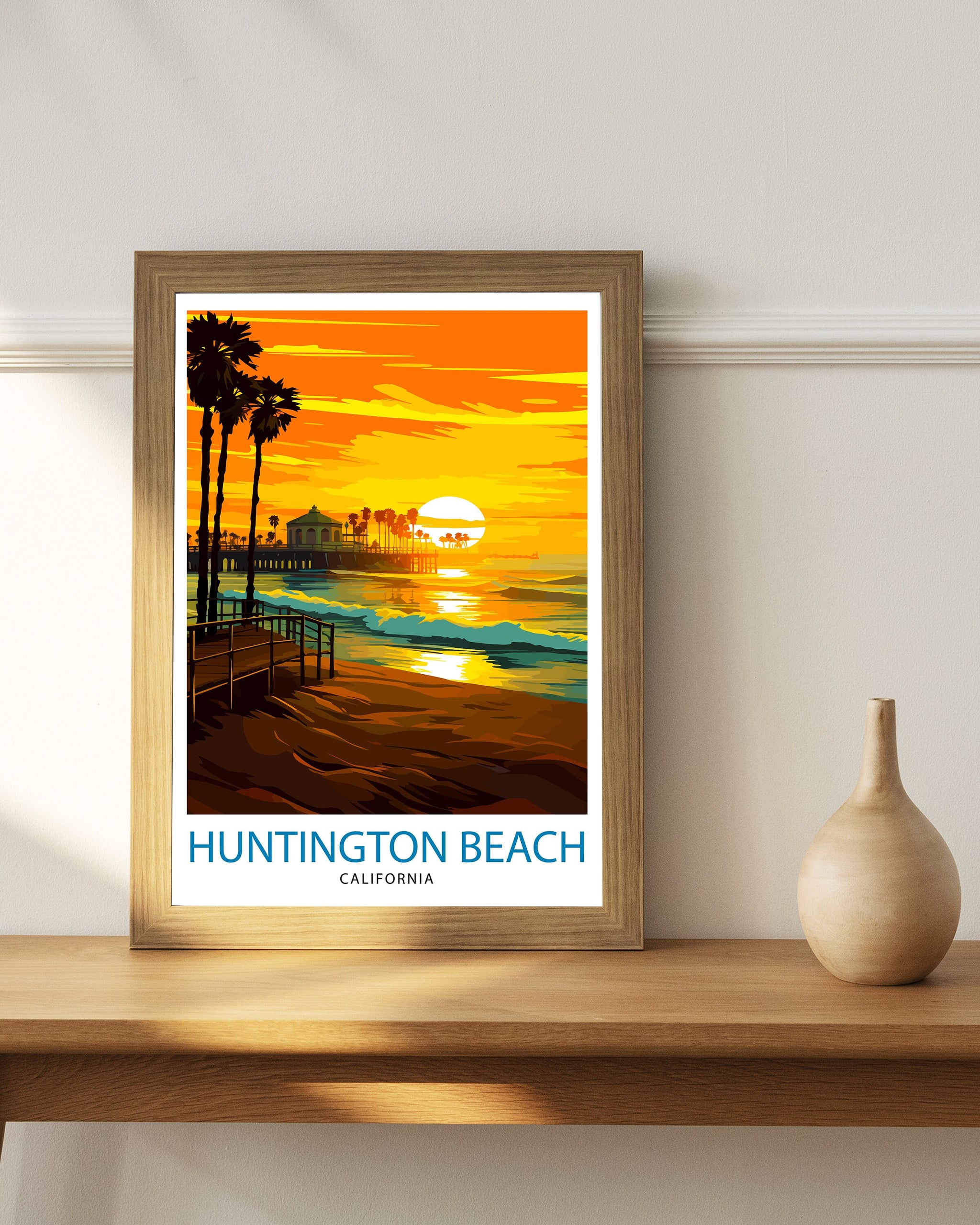 Huntington Beach California Travel Print| Surf City Wall Decor Coastal Living Room Decor Huntington Beach Illustration Travel Poster Gift
