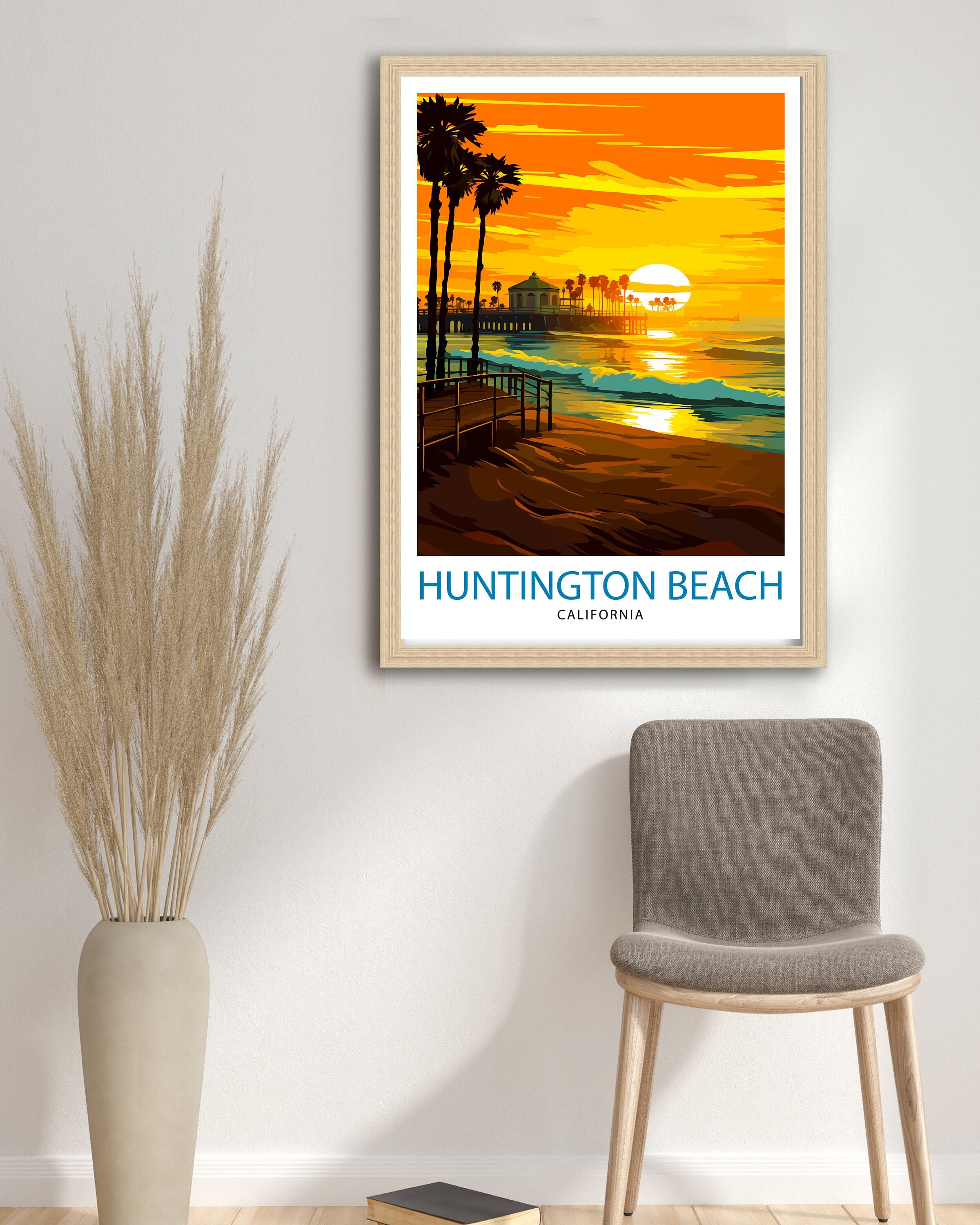 Huntington Beach California Travel Print| Surf City Wall Decor Coastal Living Room Decor Huntington Beach Illustration Travel Poster Gift