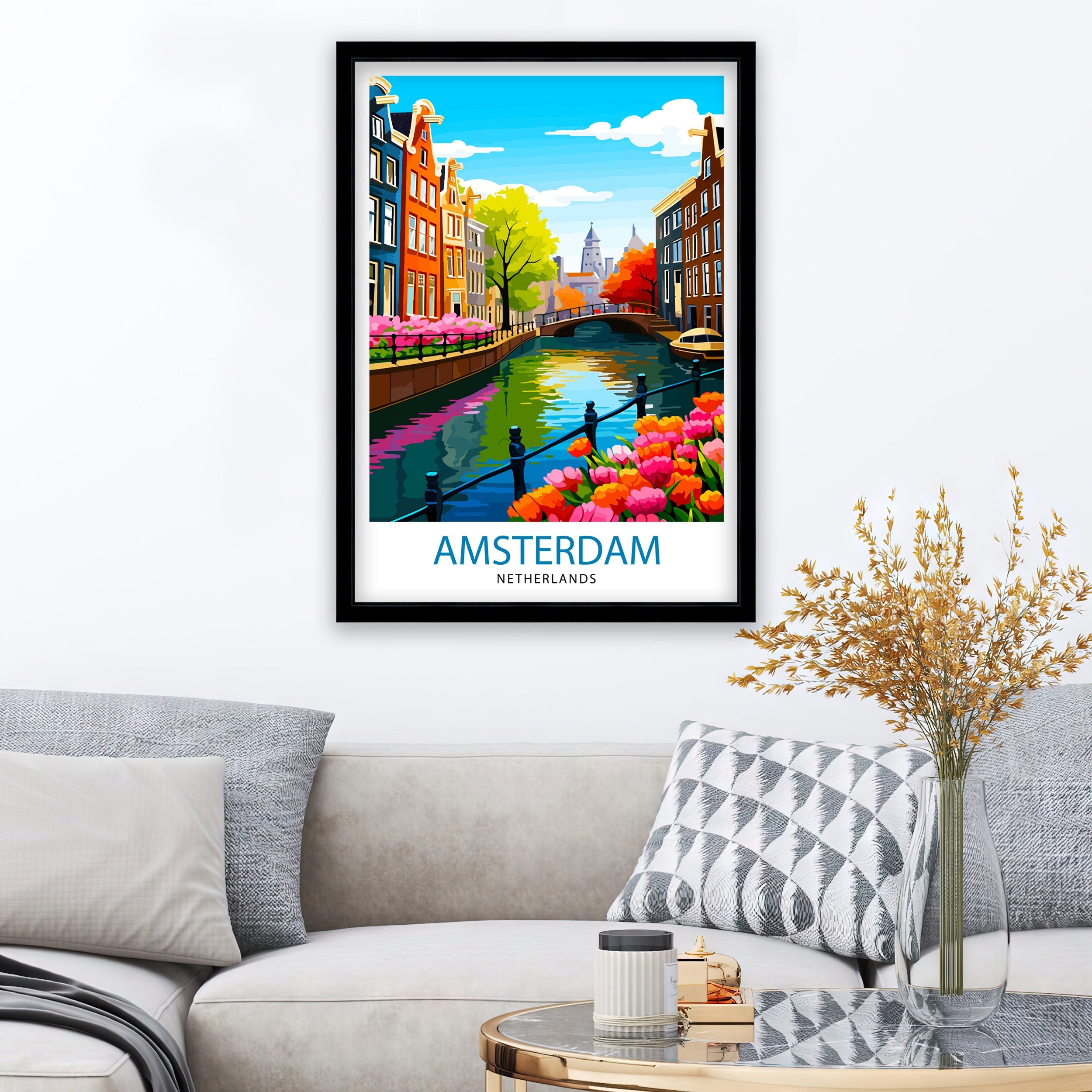Amsterdam Travel Print Amsterdam Wall Art Amsterdam Cityscape Netherlands Illustration Amsterdam Travel Poster Gift for Amsterdam Lovers