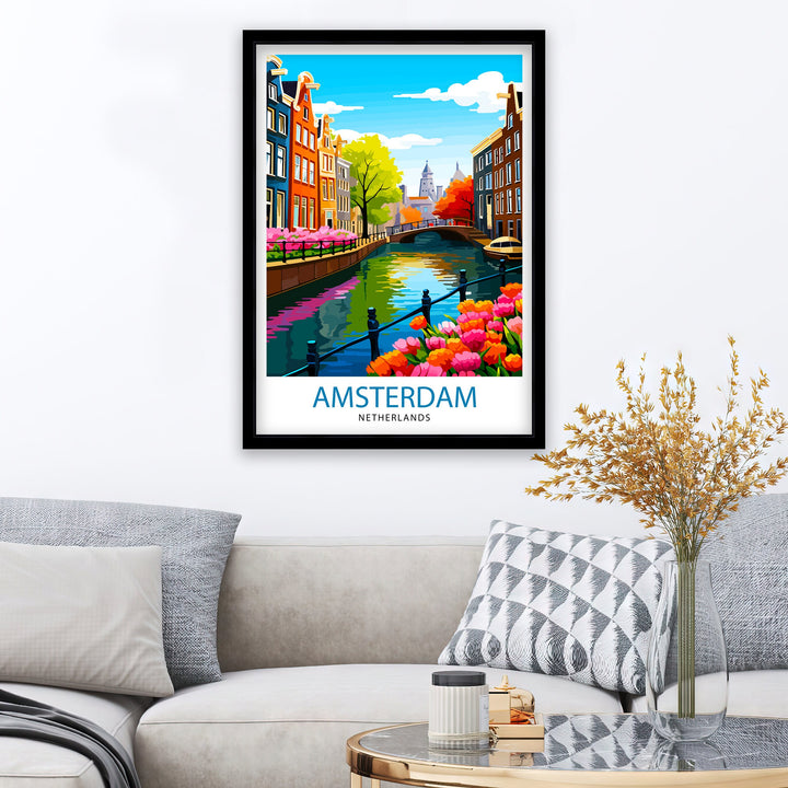 Amsterdam Travel Print Amsterdam Wall Art Amsterdam Cityscape Netherlands Illustration Amsterdam Travel Poster Gift for Amsterdam Lovers