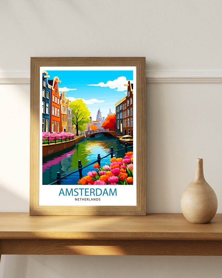 Amsterdam Travel Print Amsterdam Wall Art Amsterdam Cityscape Netherlands Illustration Amsterdam Travel Poster Gift for Amsterdam Lovers