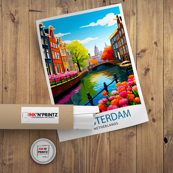 Amsterdam Travel Print Amsterdam Wall Art Amsterdam Cityscape Netherlands Illustration Amsterdam Travel Poster Gift for Amsterdam Lovers