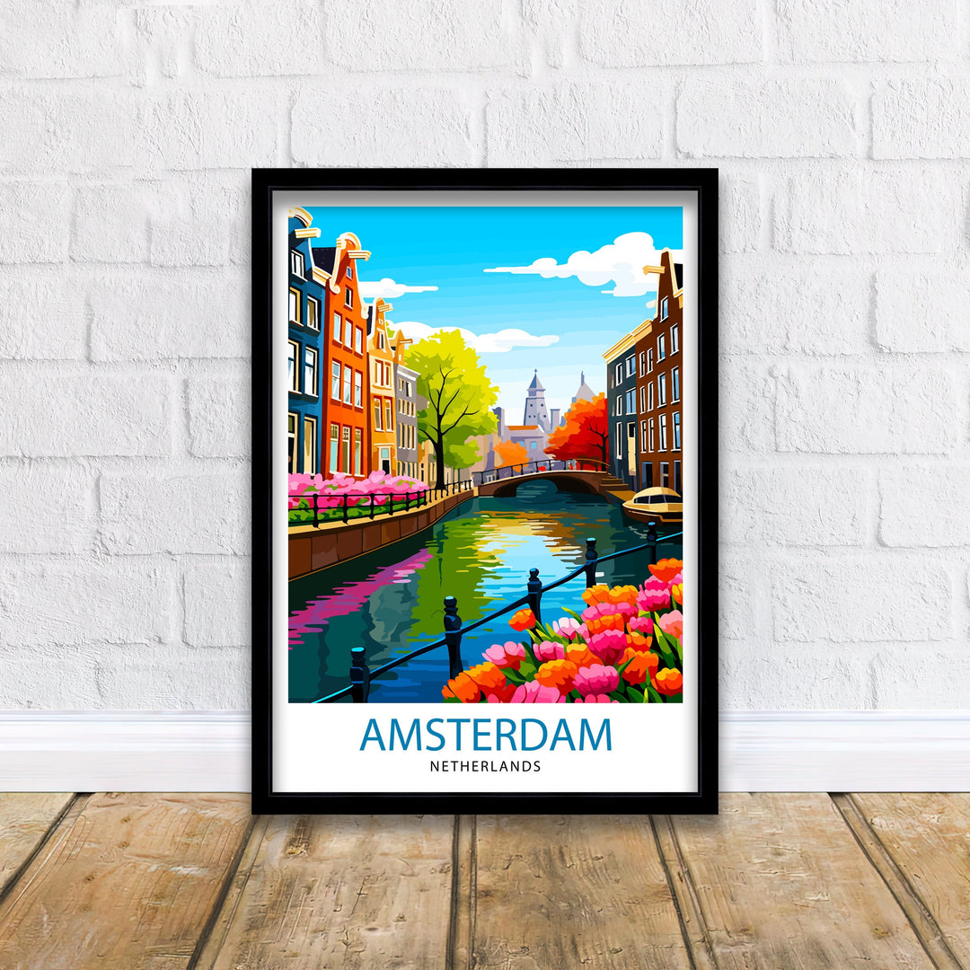 Amsterdam Travel Print Amsterdam Wall Art Amsterdam Cityscape Netherlands Illustration Amsterdam Travel Poster Gift for Amsterdam Lovers