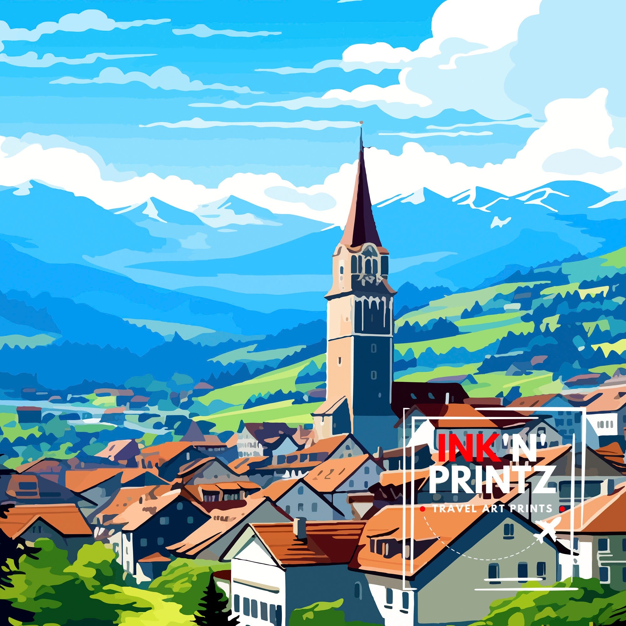 Gruyères Switzerland Travel Poster, Fairytale Village Art Print
