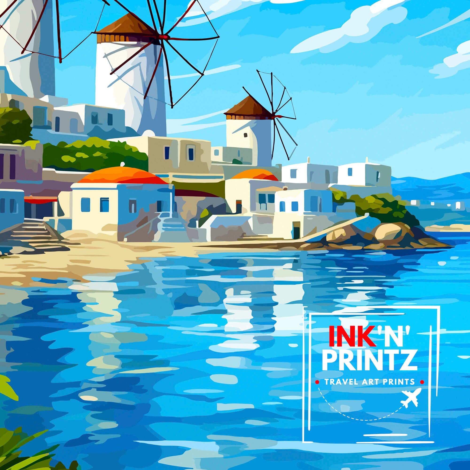 Mykonos Greece Travel Print Mykonos Wall Decor Mykonos Island Poster Greece Travel Prints Mykonos Art Print Mykonos Illustration