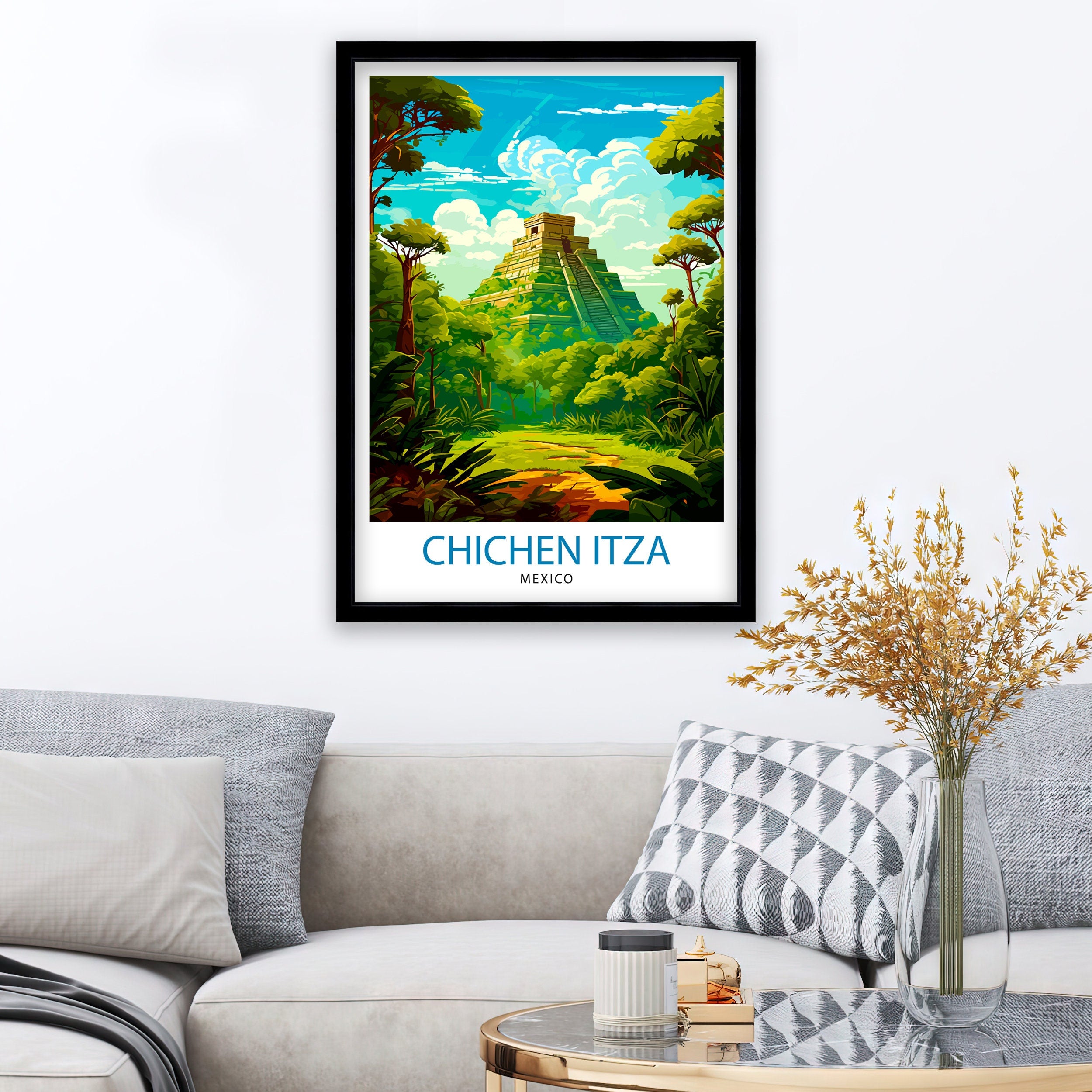 Chichen Itza Print | Mexico Travel Poster, Mayan Ruins Wall Art