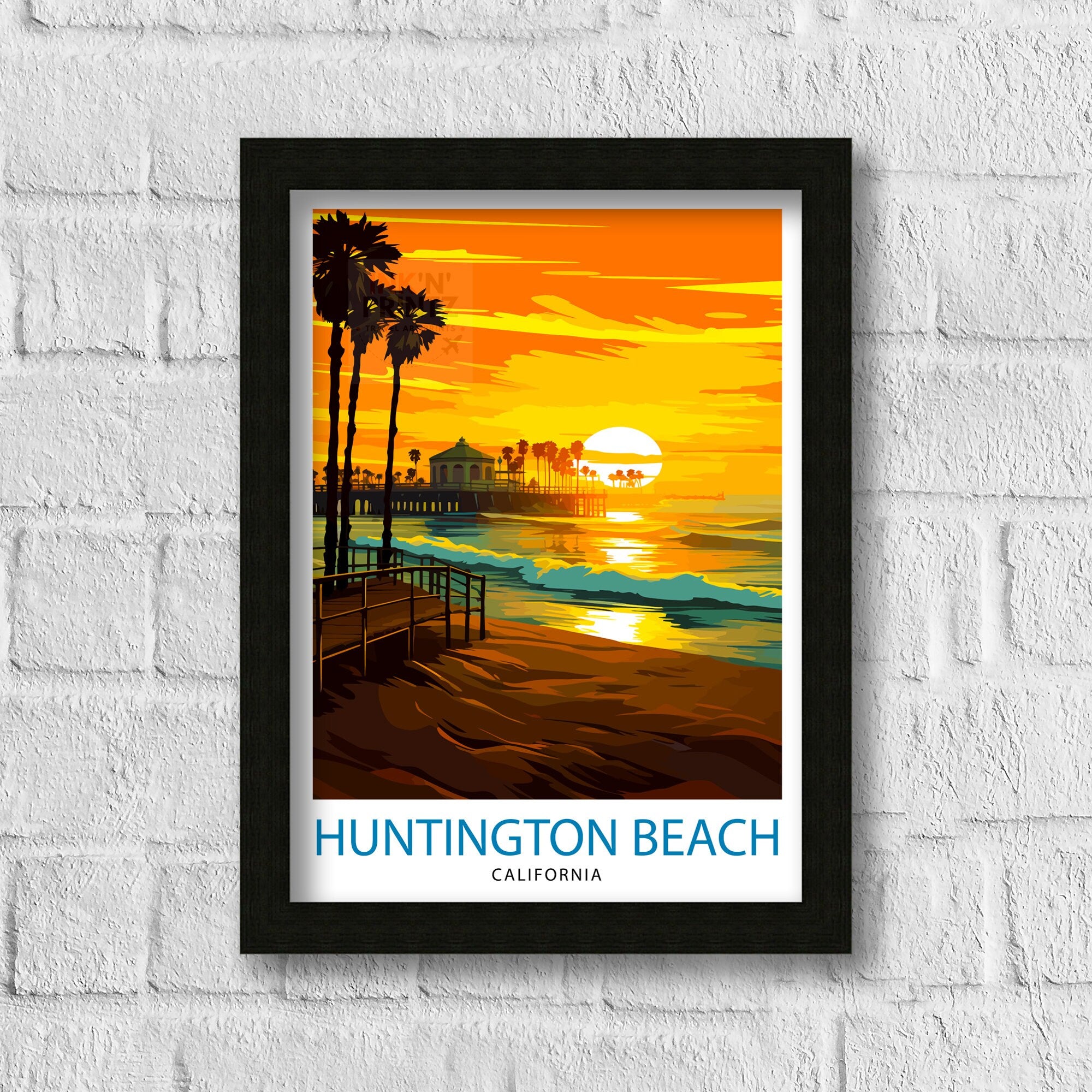 Huntington Beach California Travel Print| Surf City Wall Decor Coastal Living Room Decor Huntington Beach Illustration Travel Poster Gift