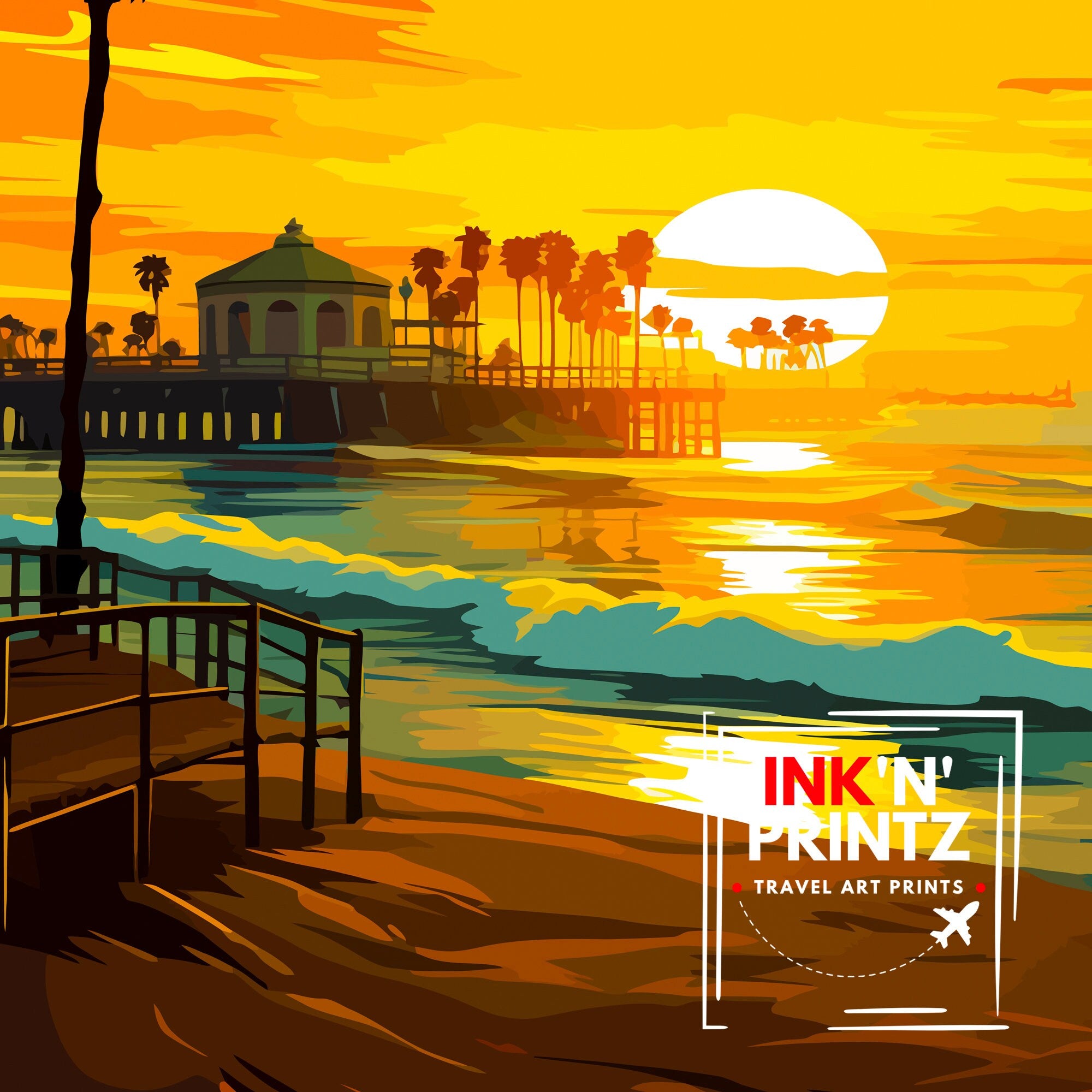Huntington Beach California Travel Print| Surf City Wall Decor Coastal Living Room Decor Huntington Beach Illustration Travel Poster Gift