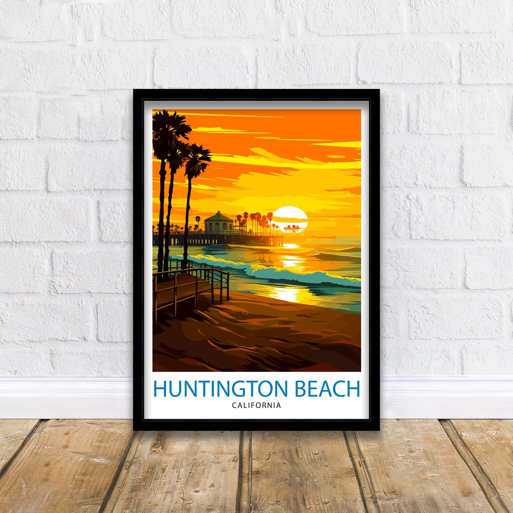 Huntington Beach California Travel Print| Surf City Wall Decor Coastal Living Room Decor Huntington Beach Illustration Travel Poster Gift
