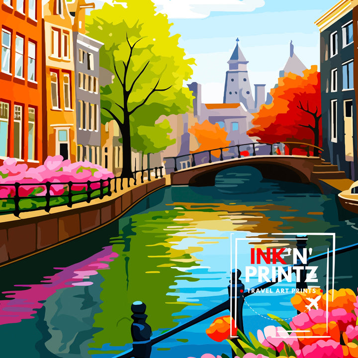 Amsterdam Travel Print Amsterdam Wall Art Amsterdam Cityscape Netherlands Illustration Amsterdam Travel Poster Gift for Amsterdam Lovers