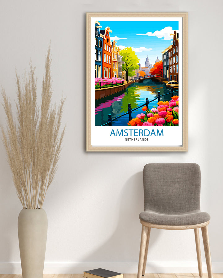 Amsterdam Travel Print Amsterdam Wall Art Amsterdam Cityscape Netherlands Illustration Amsterdam Travel Poster Gift for Amsterdam Lovers