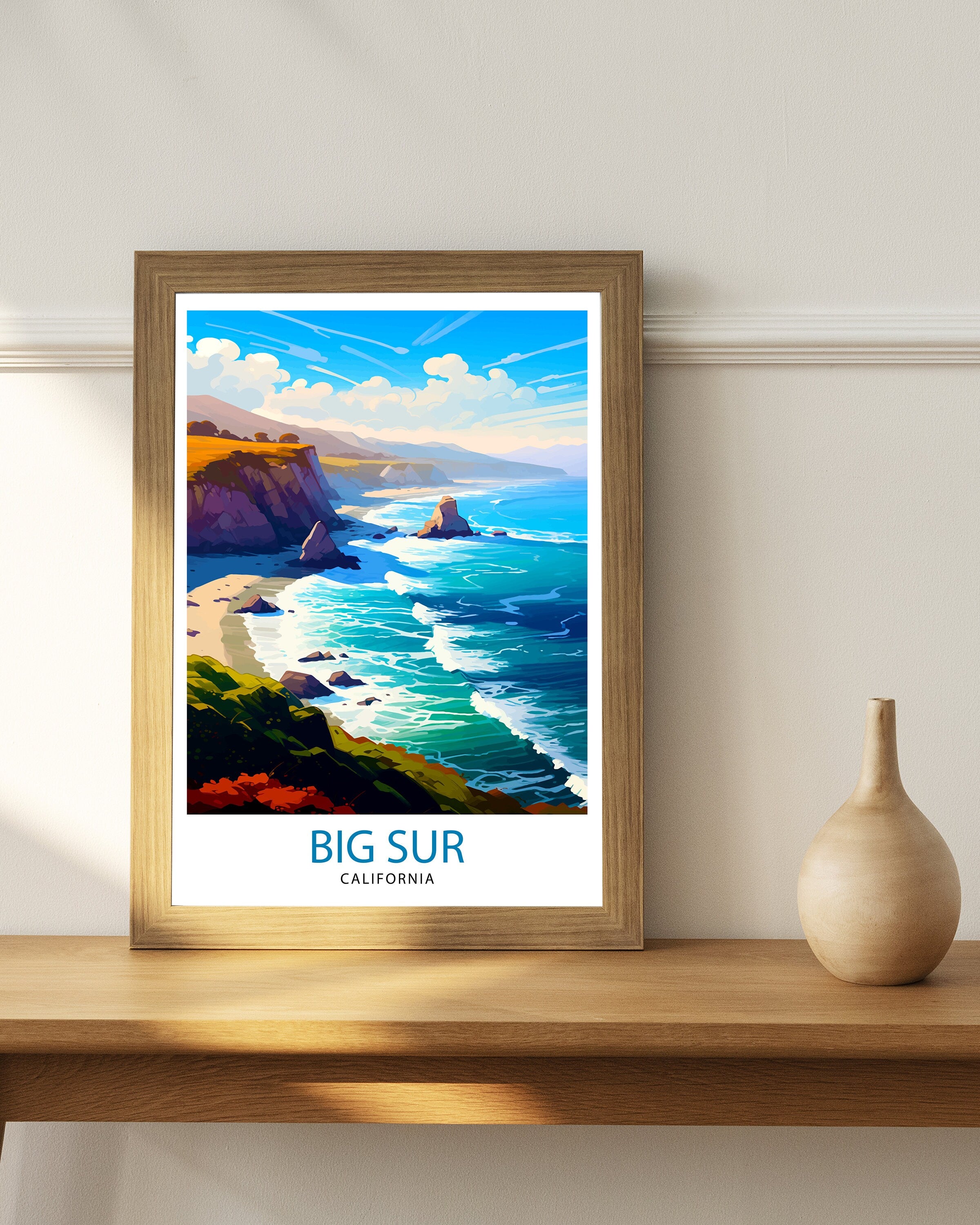 Big Sur California Travel Print| Big Sur Wall Art Big Sur Home Decor California Coastal Landscape Illustration Travel Poster Gift