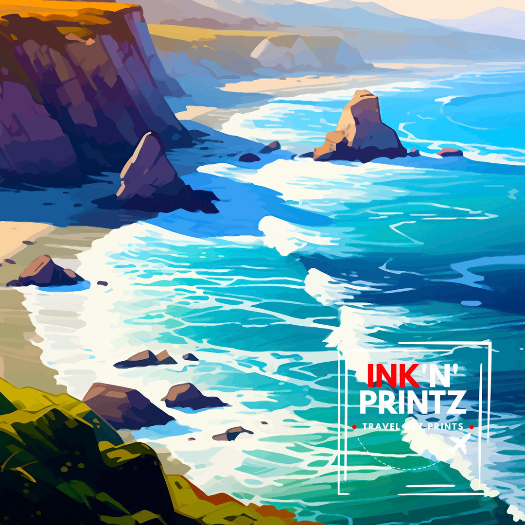 Big Sur California Travel Print| Big Sur Wall Art Big Sur Home Decor California Coastal Landscape Illustration Travel Poster Gift