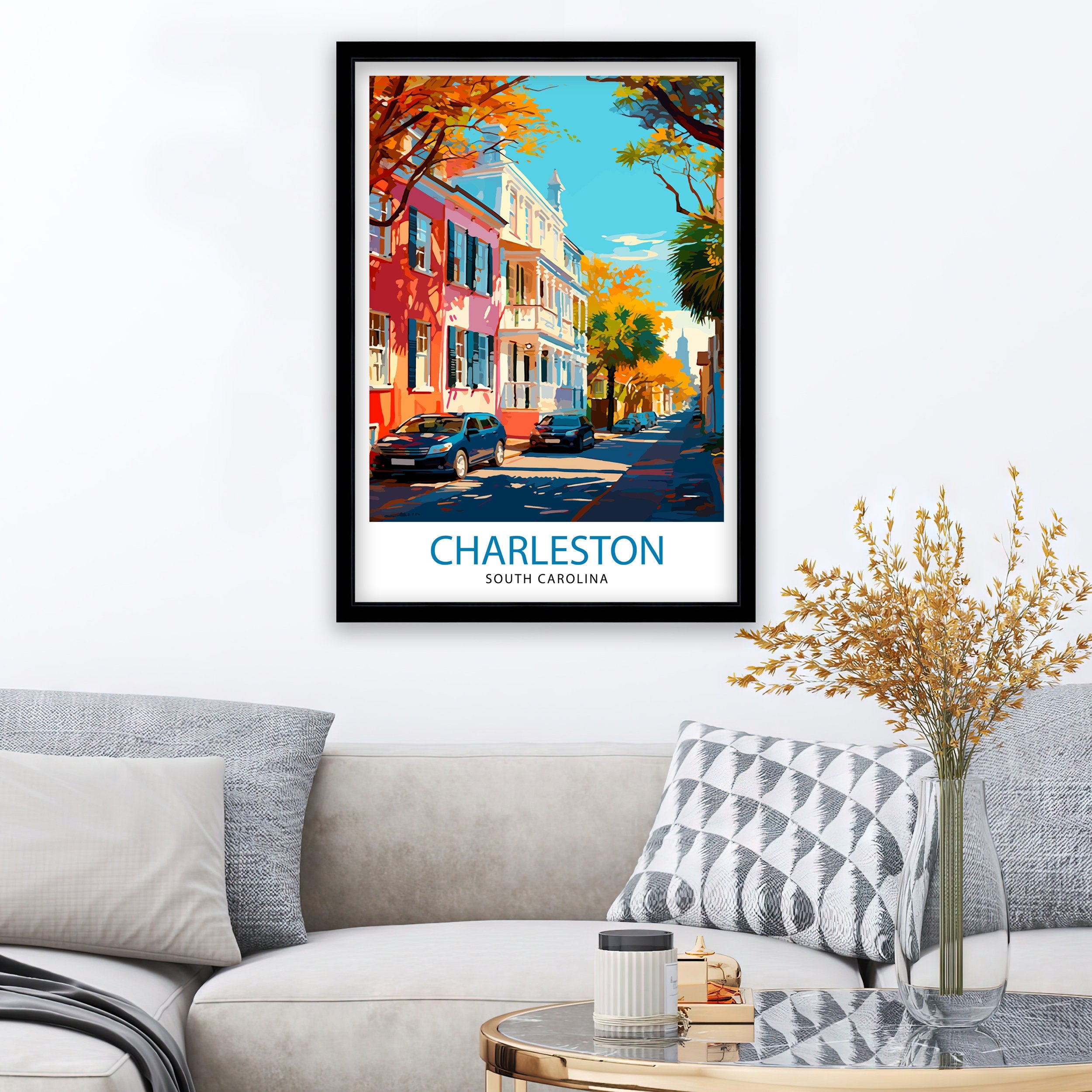 Charleston South Carolina Travel Print Charleston Wall Decor, Charleston Home Living Decor Charleston Illustration Travel Poster Gift