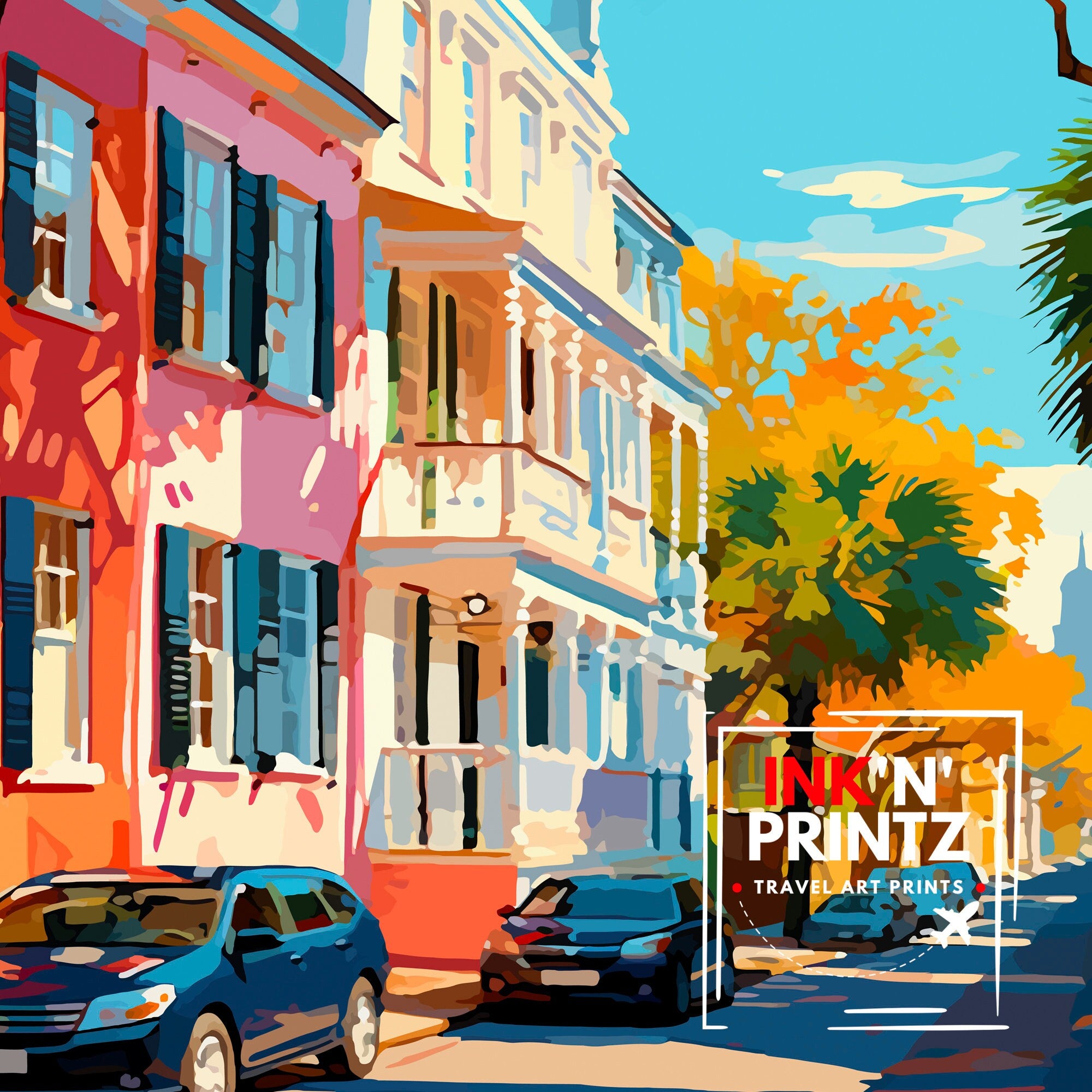Charleston South Carolina Travel Print Charleston Wall Decor, Charleston Home Living Decor Charleston Illustration Travel Poster Gift