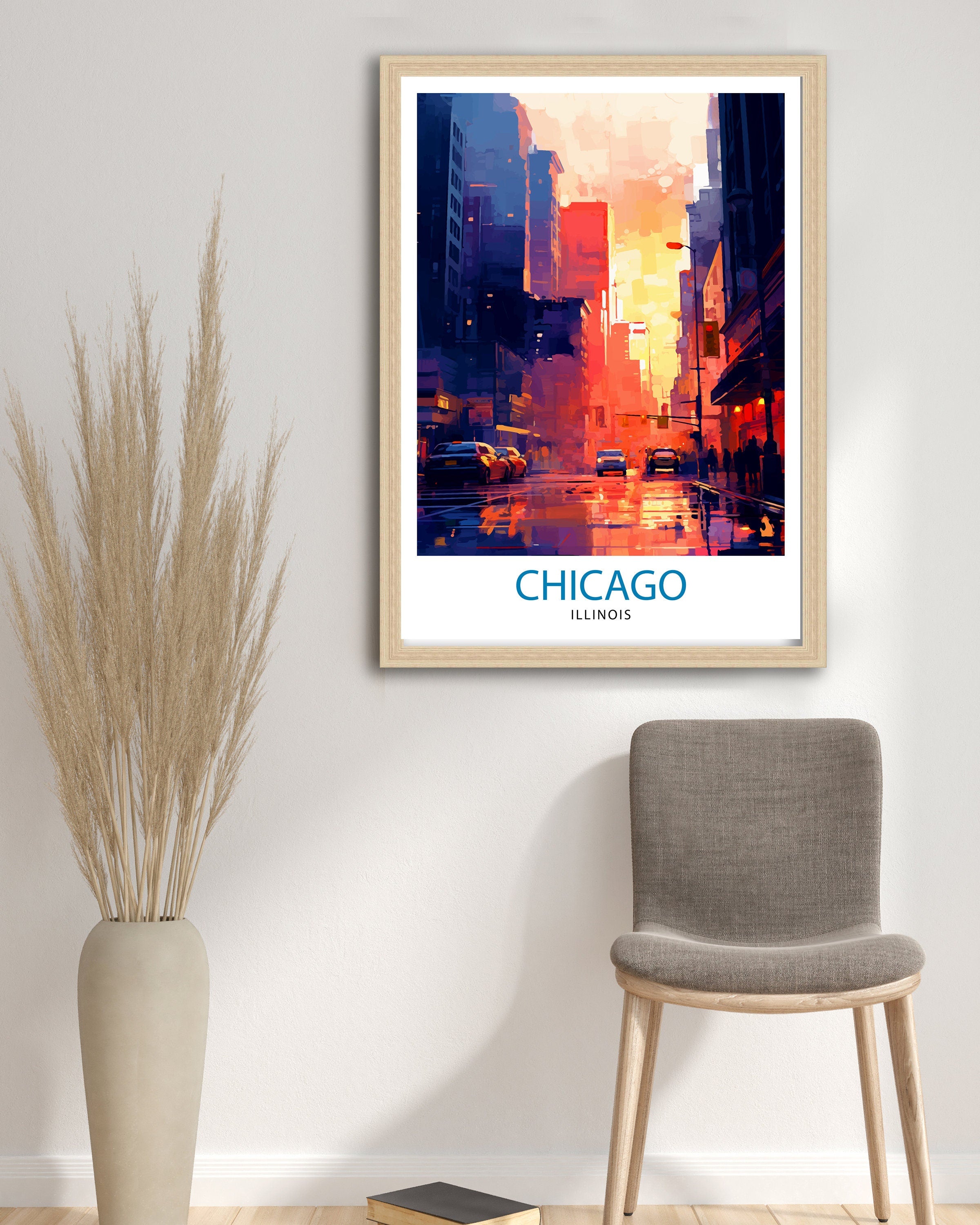Chicago Travel Print| Chicago Wall Art Chicago Skyline Decor Illinois Travel Poster Chicago Cityscape Art Chicago Gift Chicago Home Decor