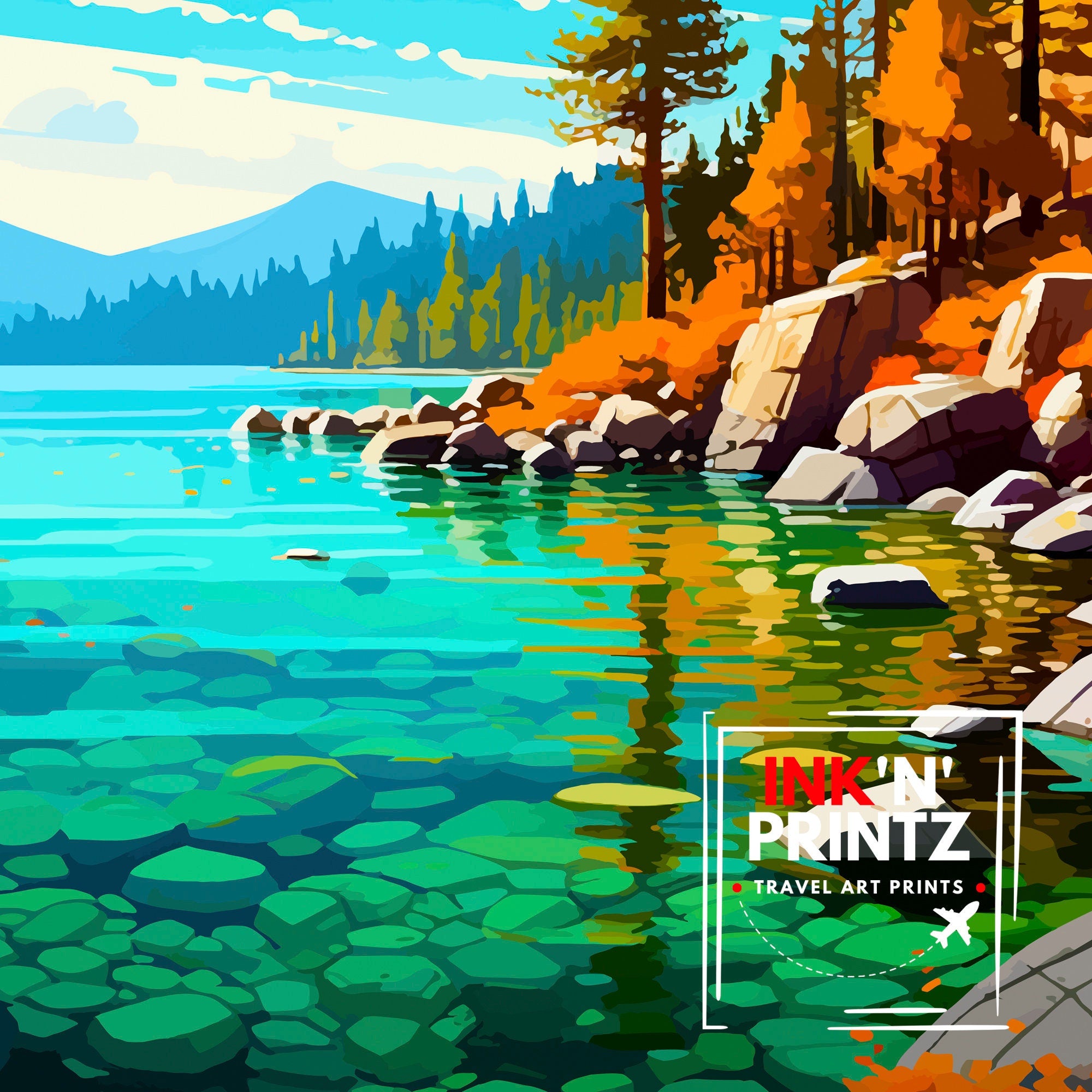 Lake Tahoe Travel Print| Wall Art Decor Lake Tahoe Illustration Travel Poster Gift for Lake Tahoe California Home Decor