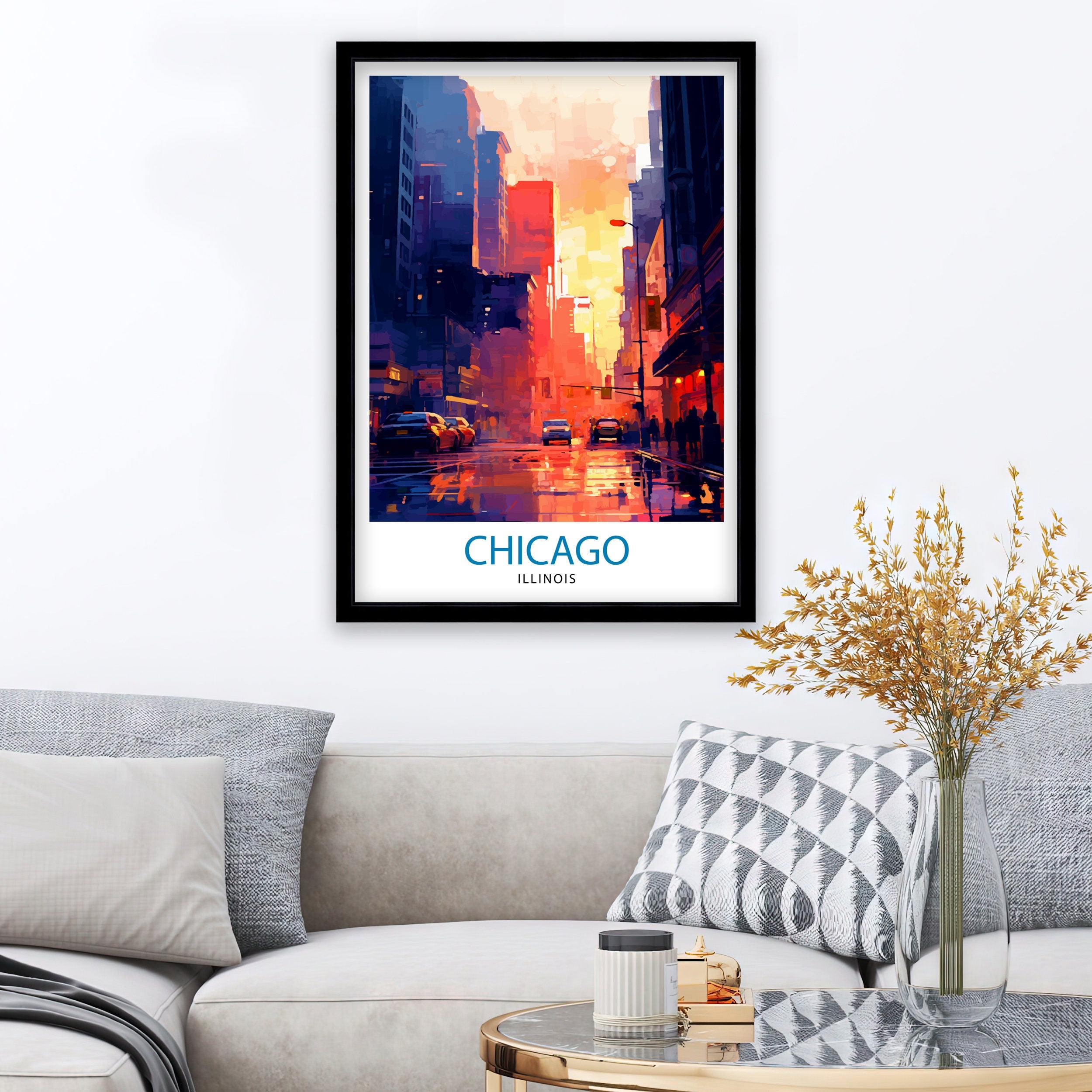 Chicago Travel Print| Chicago Wall Art Chicago Skyline Decor Illinois Travel Poster Chicago Cityscape Art Chicago Gift Chicago Home Decor