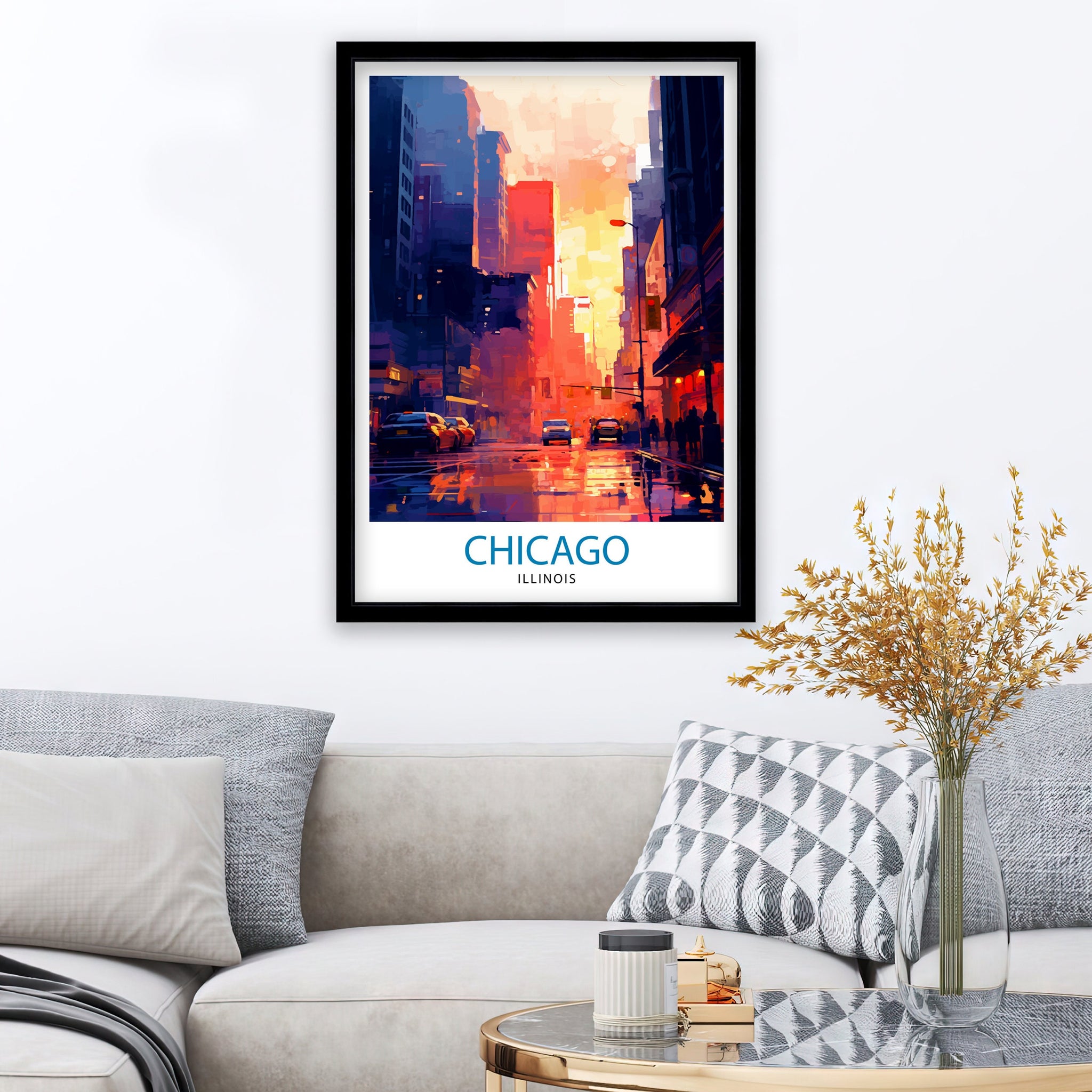 Chicago Travel Print| Chicago Wall Art Chicago Skyline Decor Illinois Travel Poster Chicago Cityscape Art Chicago Gift Chicago Home Decor