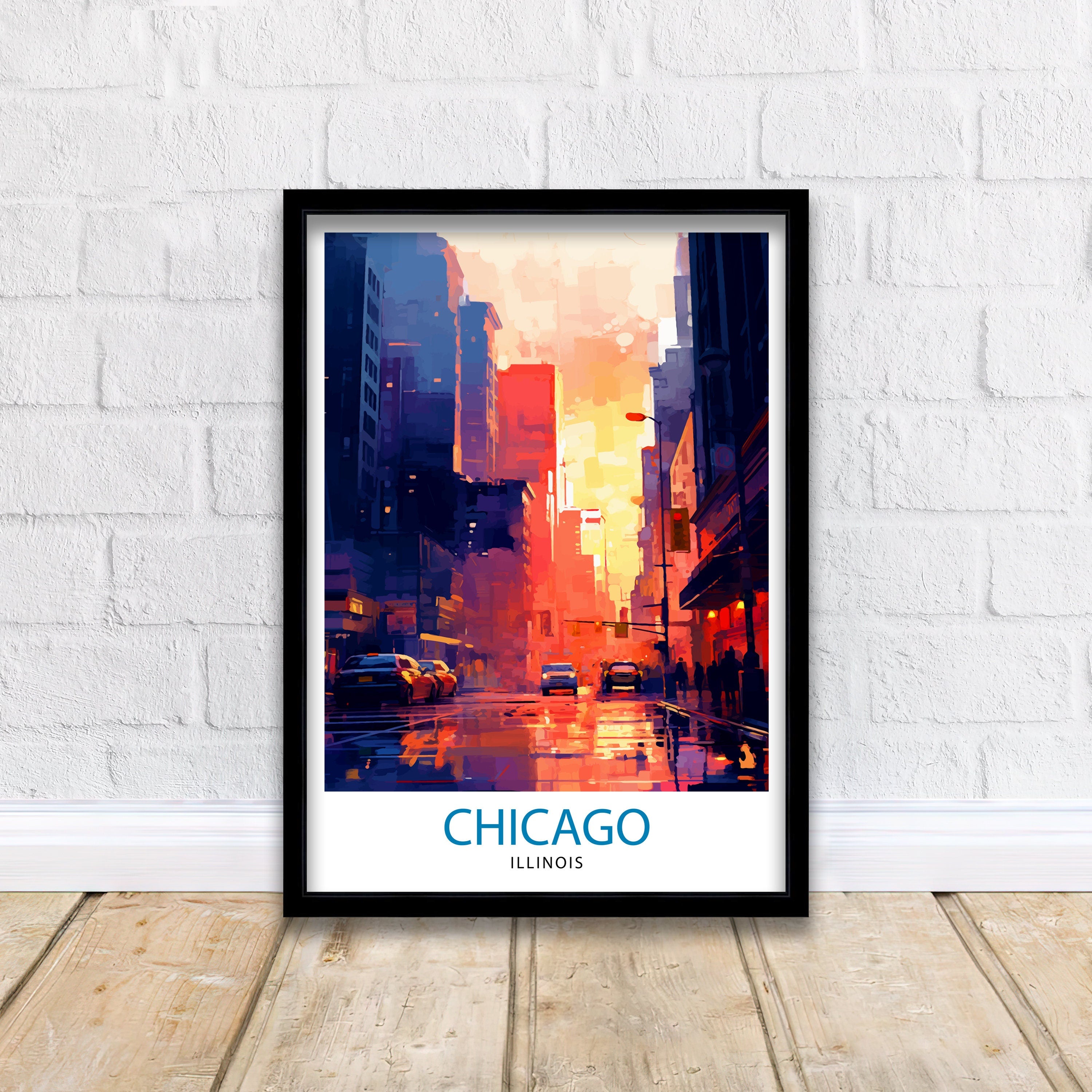 Chicago Travel Print| Chicago Wall Art Chicago Skyline Decor Illinois Travel Poster Chicago Cityscape Art Chicago Gift Chicago Home Decor