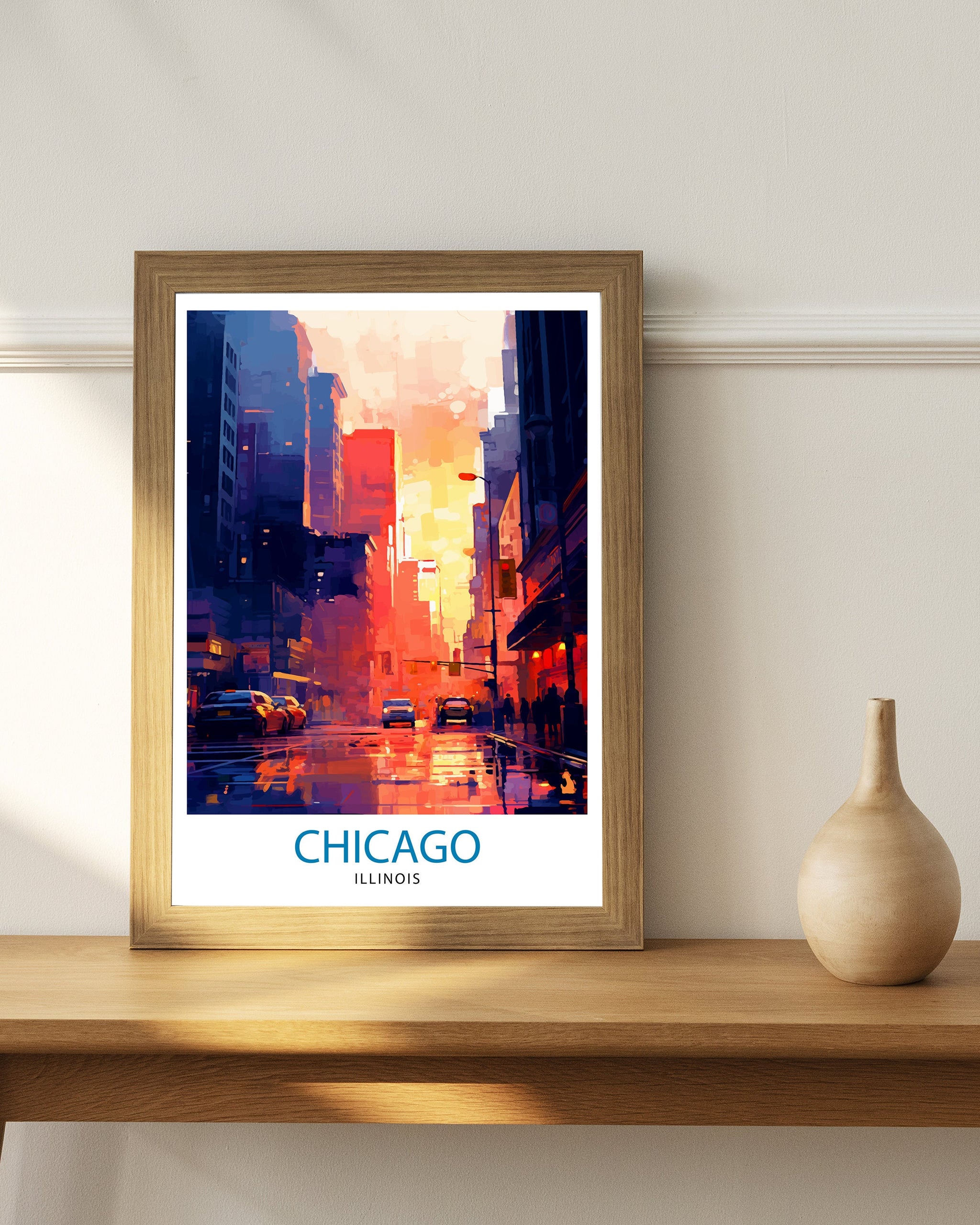 Chicago Travel Print| Chicago Wall Art Chicago Skyline Decor Illinois Travel Poster Chicago Cityscape Art Chicago Gift Chicago Home Decor