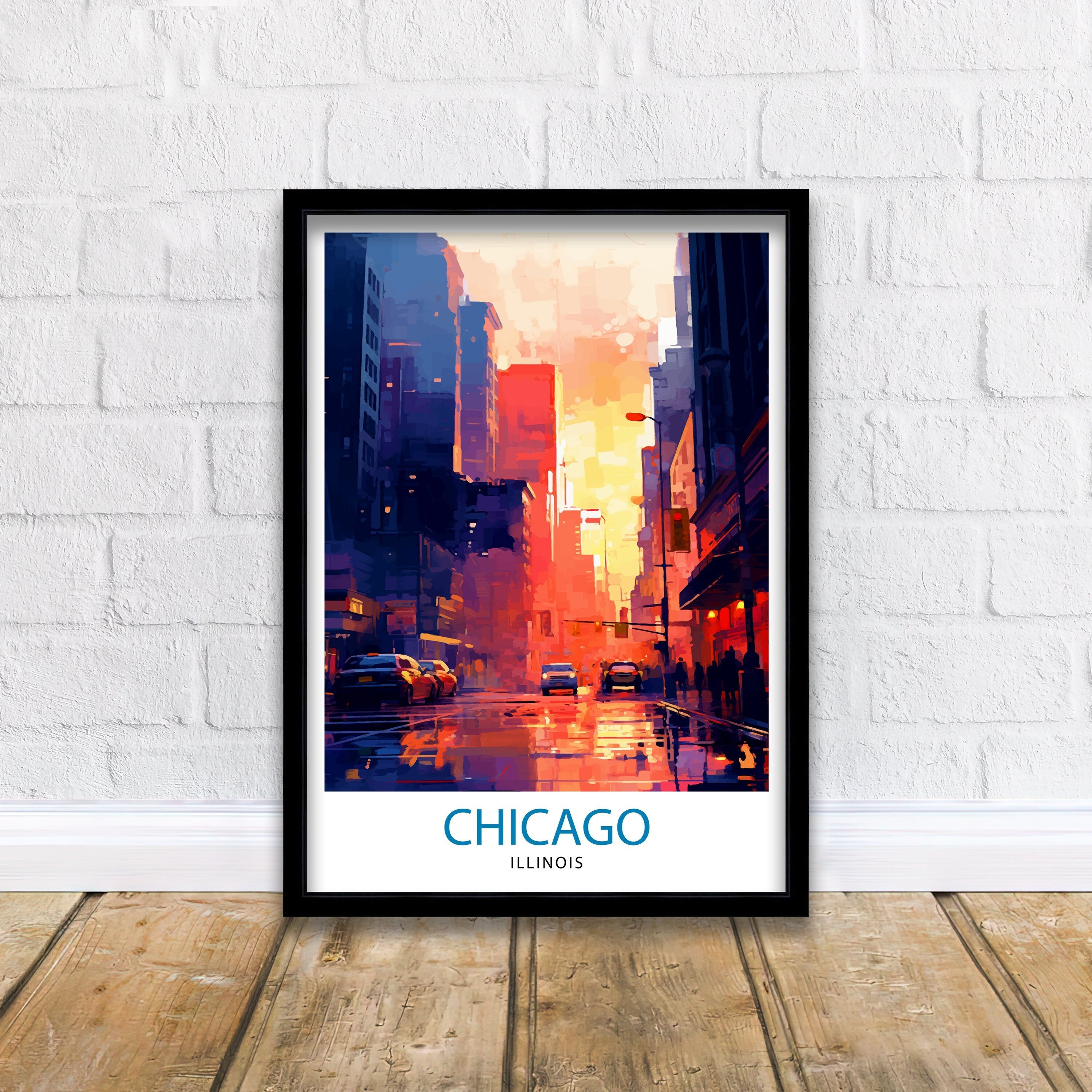 Chicago Travel Print| Chicago Wall Art Chicago Skyline Decor Illinois Travel Poster Chicago Cityscape Art Chicago Gift Chicago Home Decor