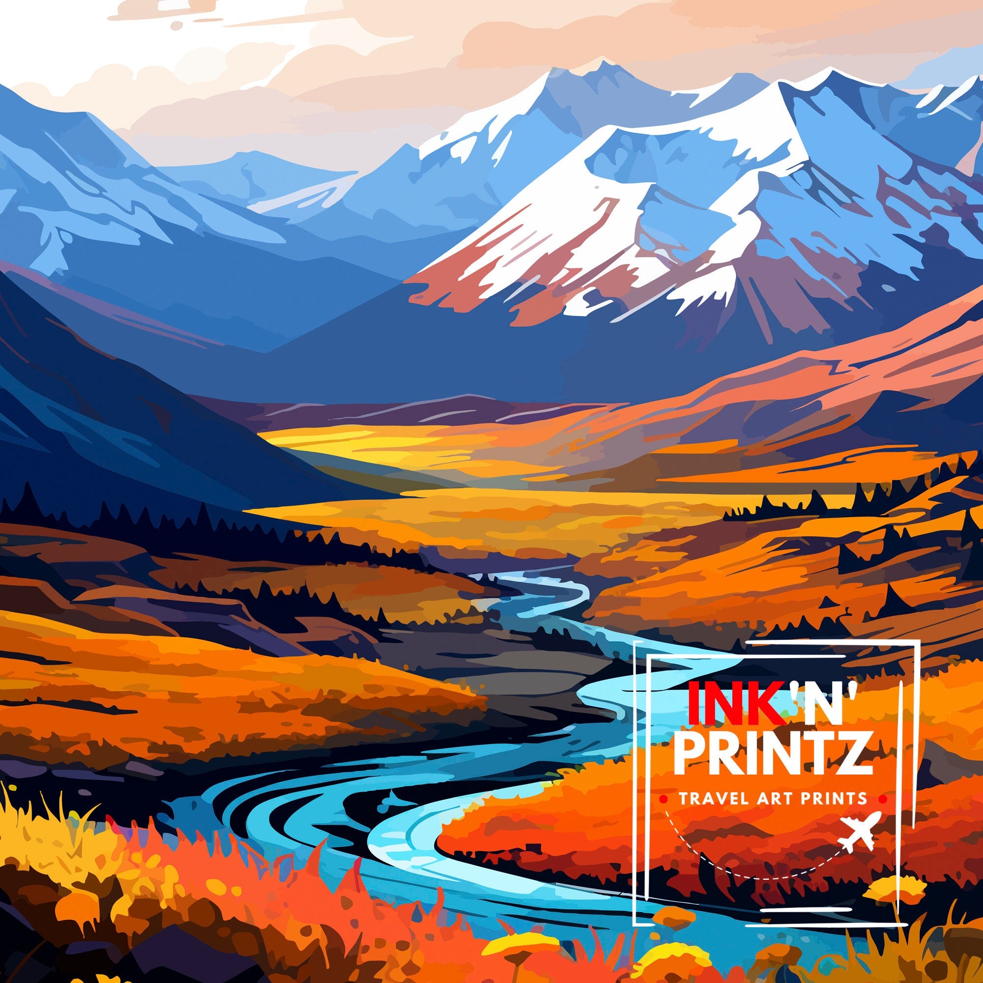 Denali National Park Alaska Travel Print Denali Wall Decor Denali Poster Alaska Travel Prints Denali Art Print Denali Illustration