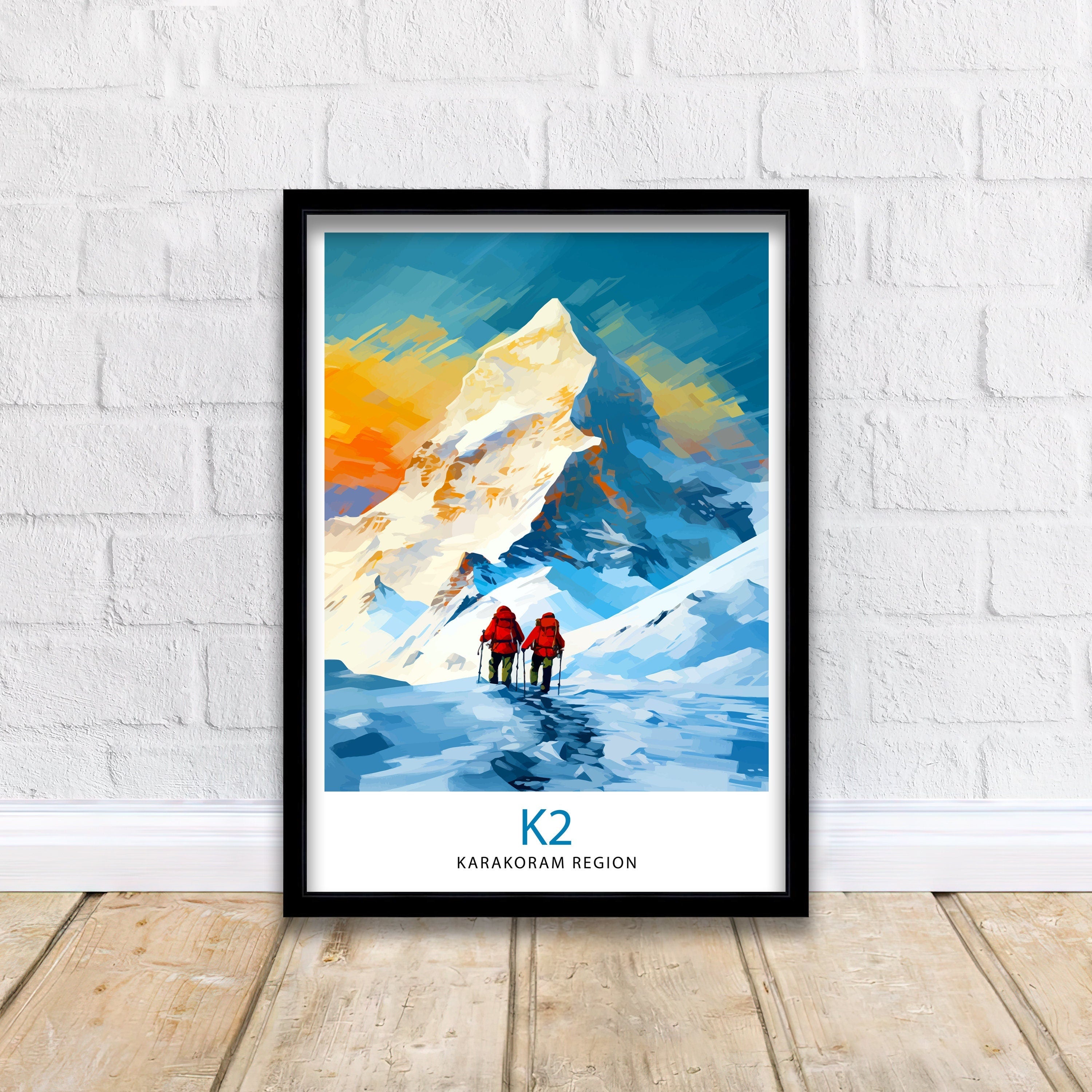 K2 Mountain Print Karakoram Range Artwork Climbers K2 Poster Pakistan Landscape Decor K2 Summit Wall Art Mountaineering Gift